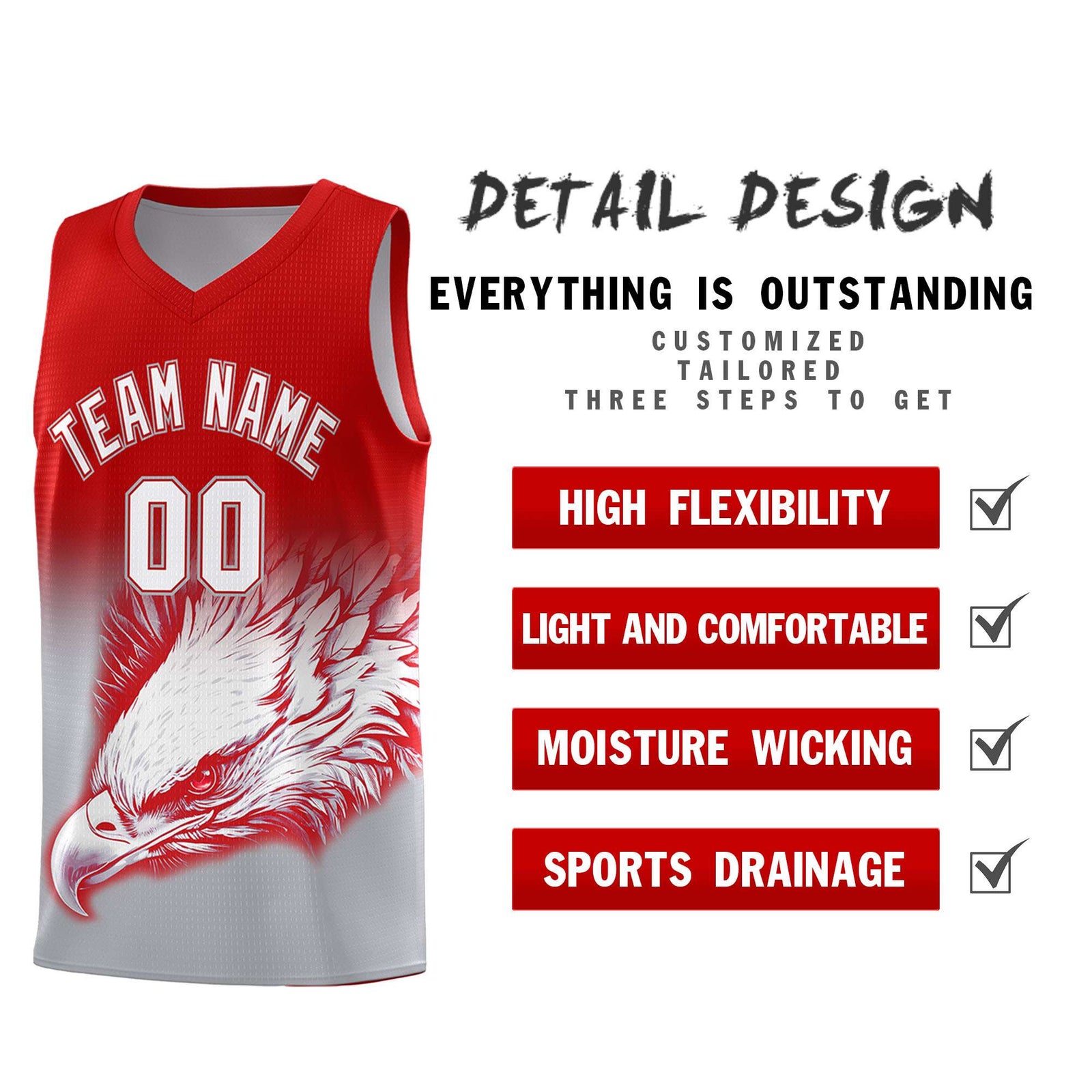 Custom Red Gray Basketball Kits with Eagle Pattern