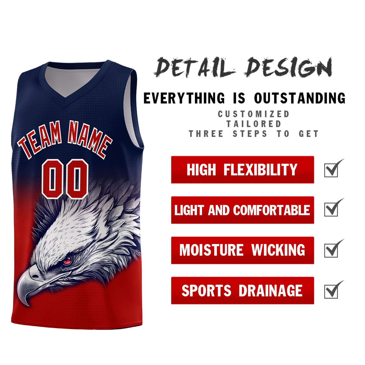 Custom Navy Red Basketball Kits with Eagle Pattern