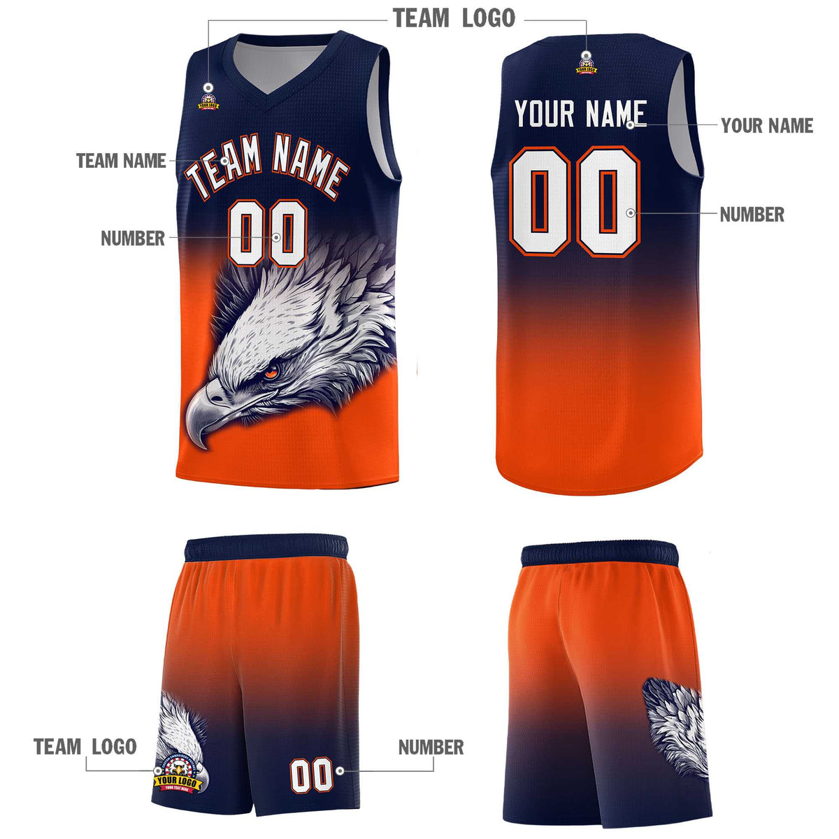 Custom Navy Orange Basketball Kits with Eagle Pattern