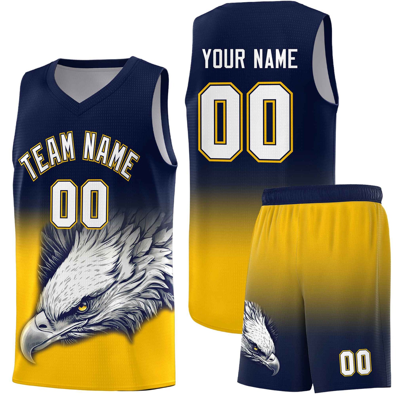 Custom Navy Yellow Basketball Kits with Eagle Pattern