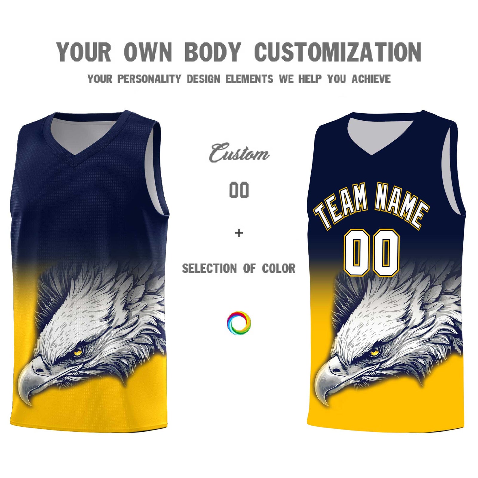Custom Navy Yellow Basketball Kits with Eagle Pattern