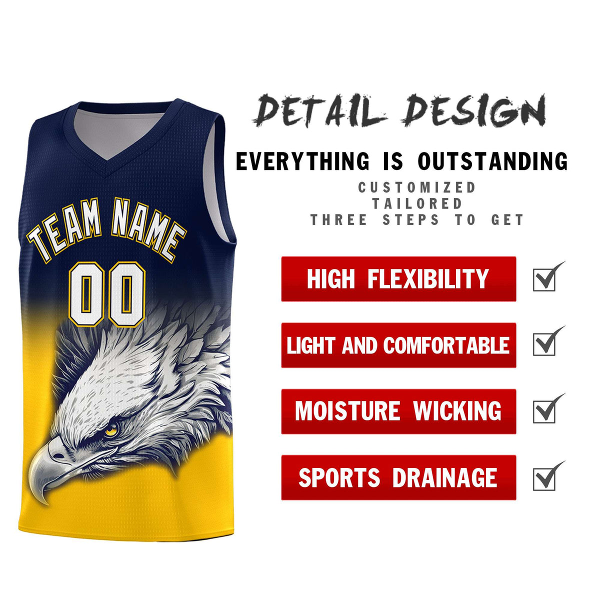 Custom Navy Yellow Basketball Kits with Eagle Pattern