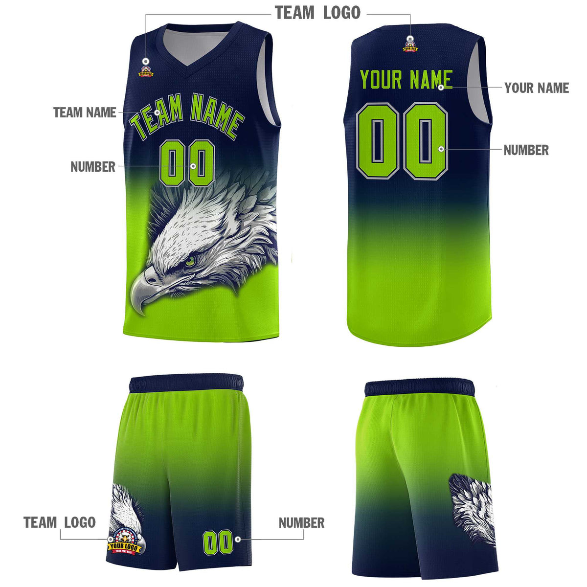 Custom Navy Neon Green Basketball Kits with Eagle Pattern