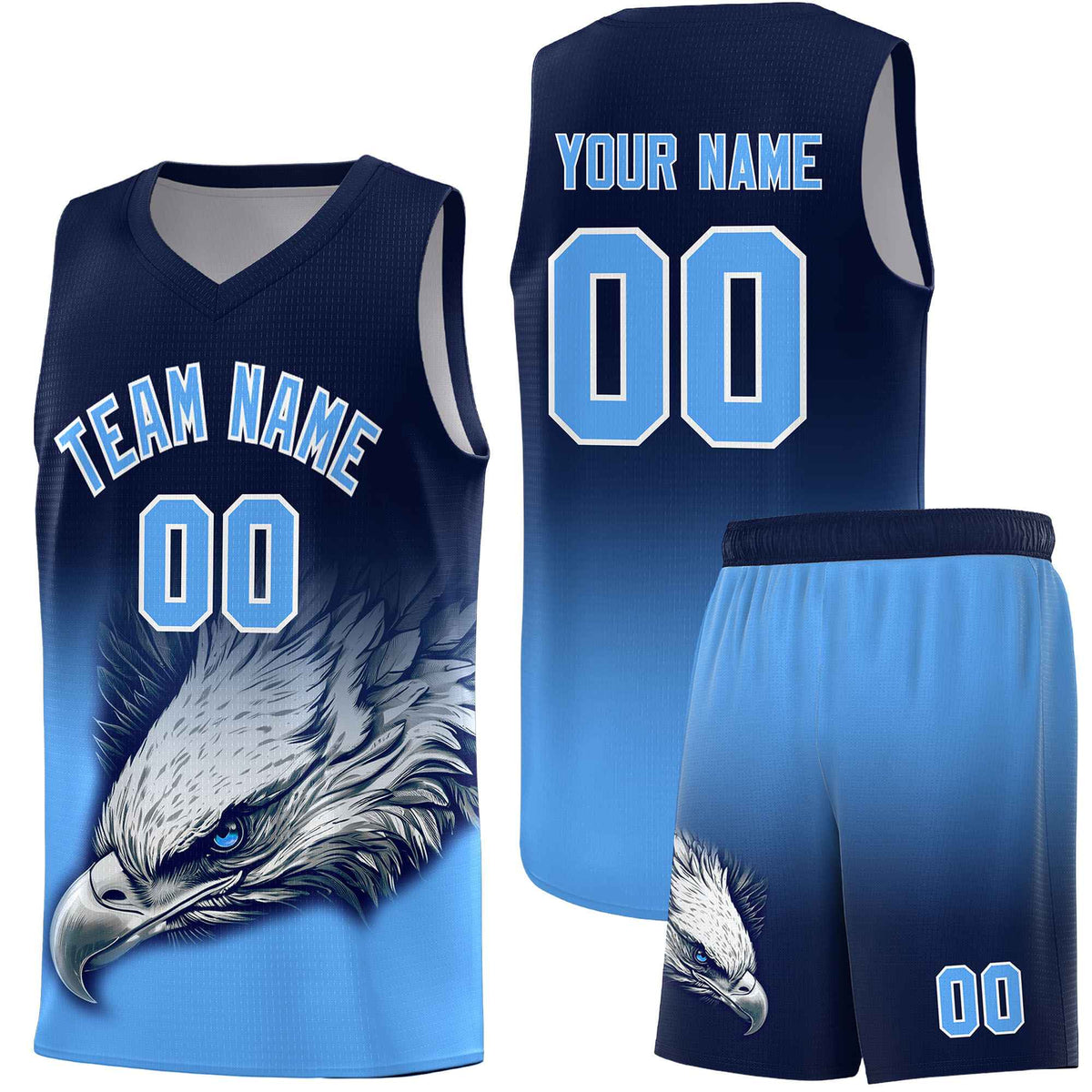 Custom Navy Powder Blue Basketball Kits with Eagle Pattern