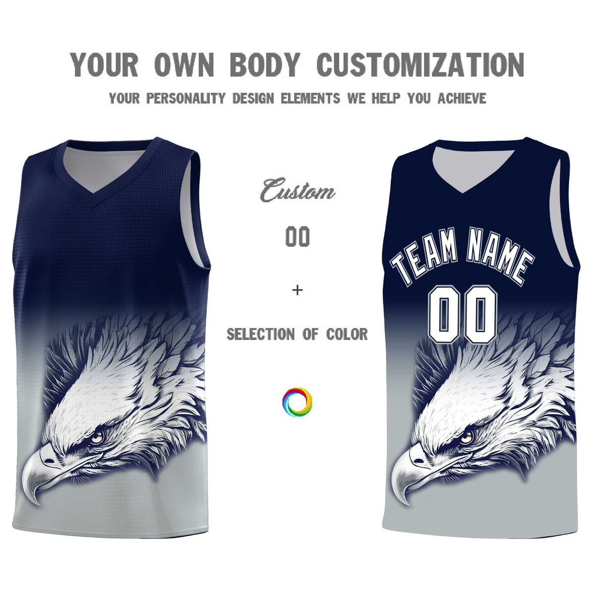 Custom Navy Gray Basketball Kits with Eagle Pattern