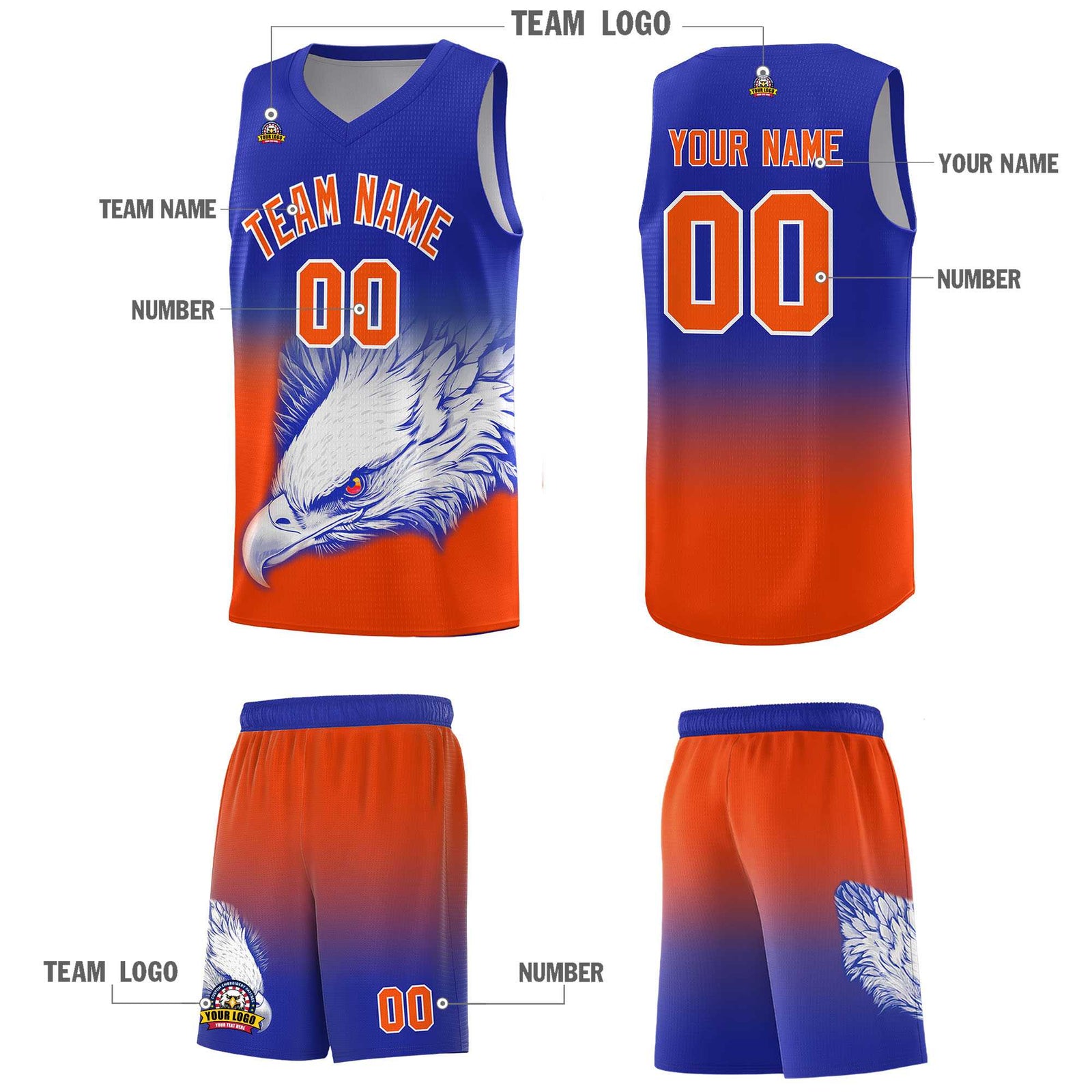 Custom Royal Orange Basketball Kits with Eagle Pattern