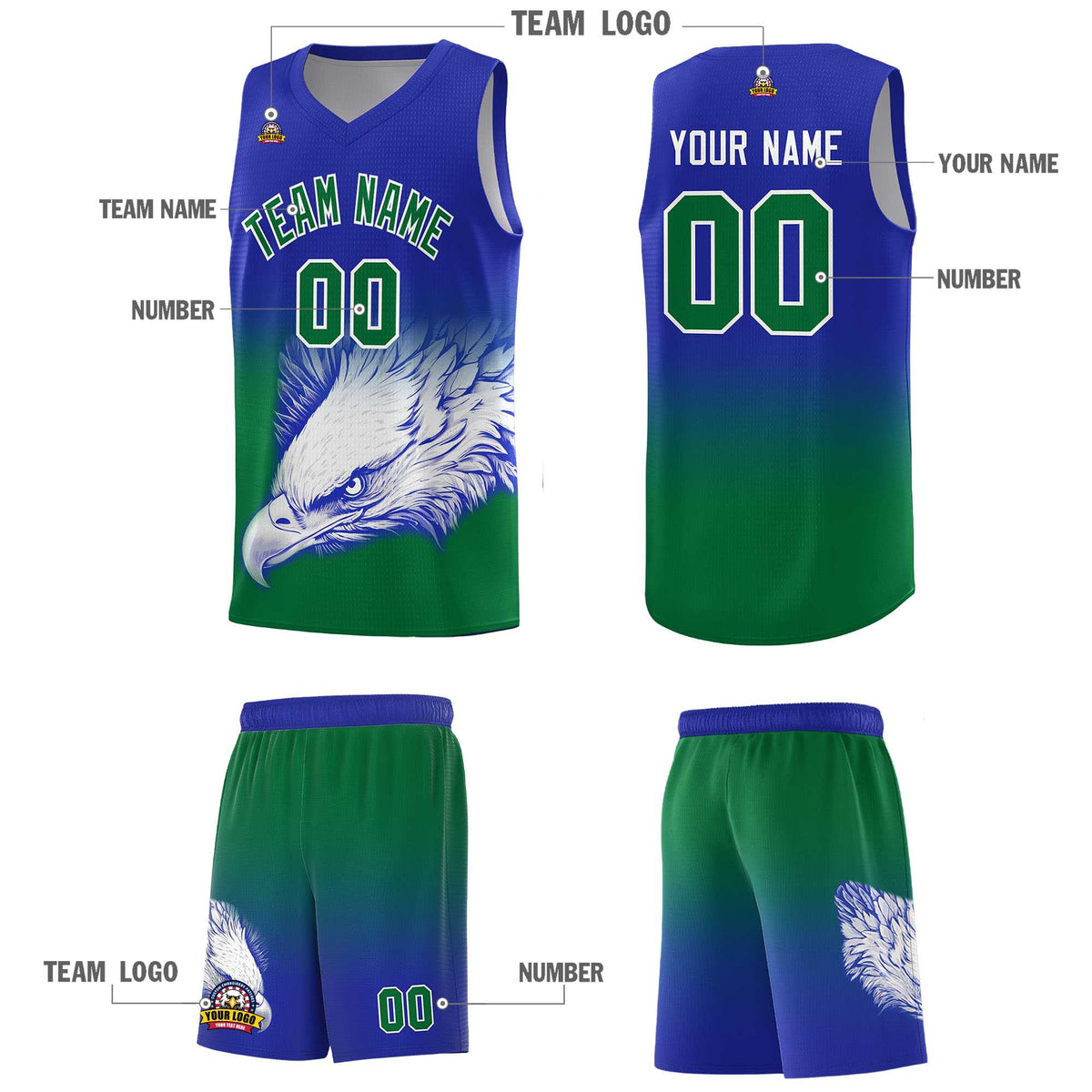 Custom Royal Kelly Green Basketball Kits with Eagle Pattern