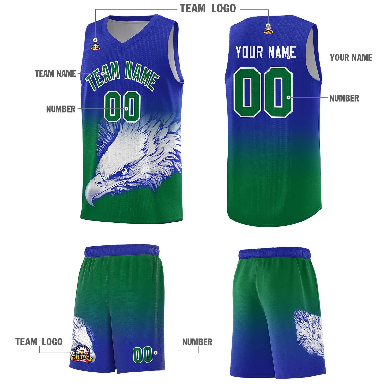 Custom Royal Kelly Green Basketball Kits with Eagle Pattern