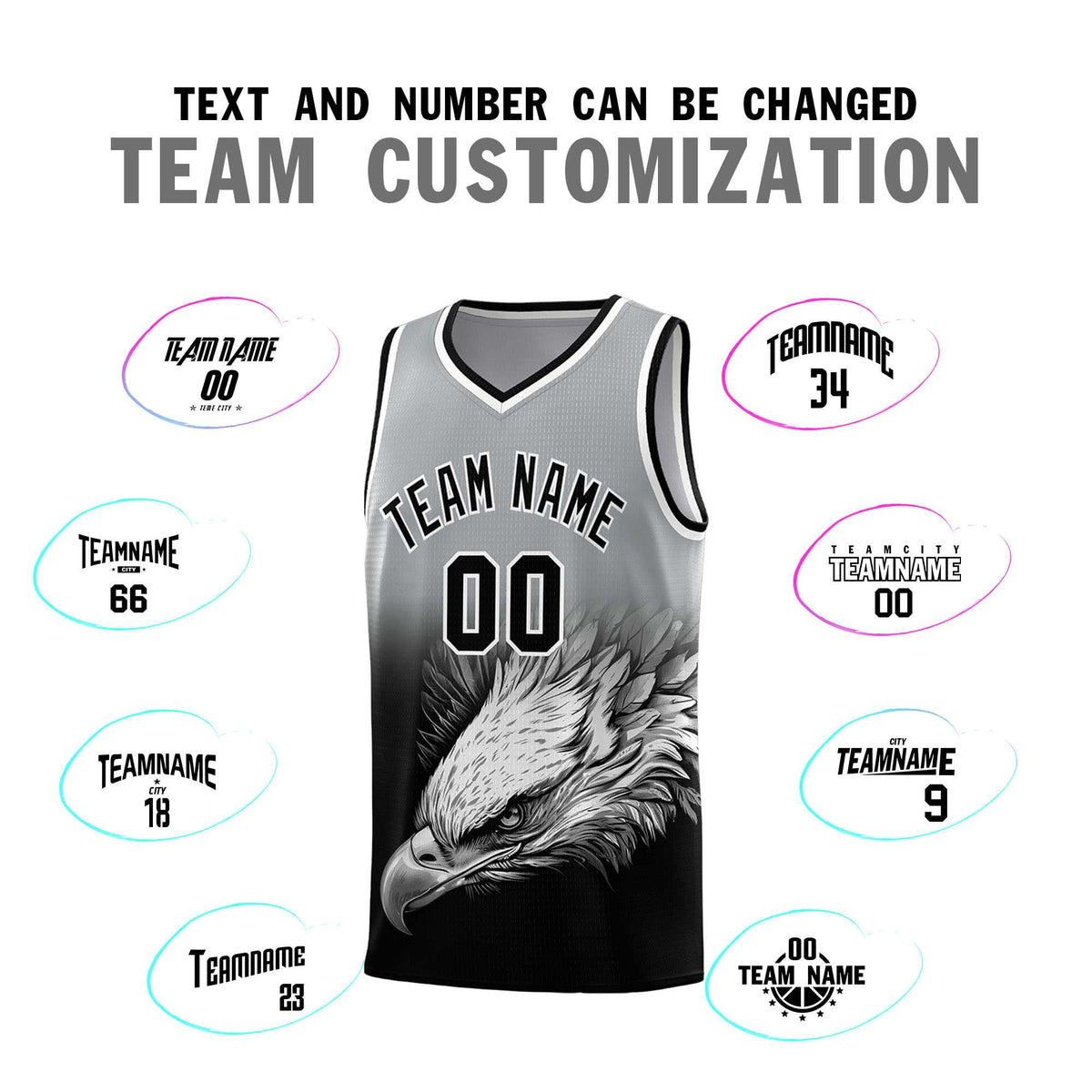 Custom Gray Black Basketball Kits with Eagle Pattern