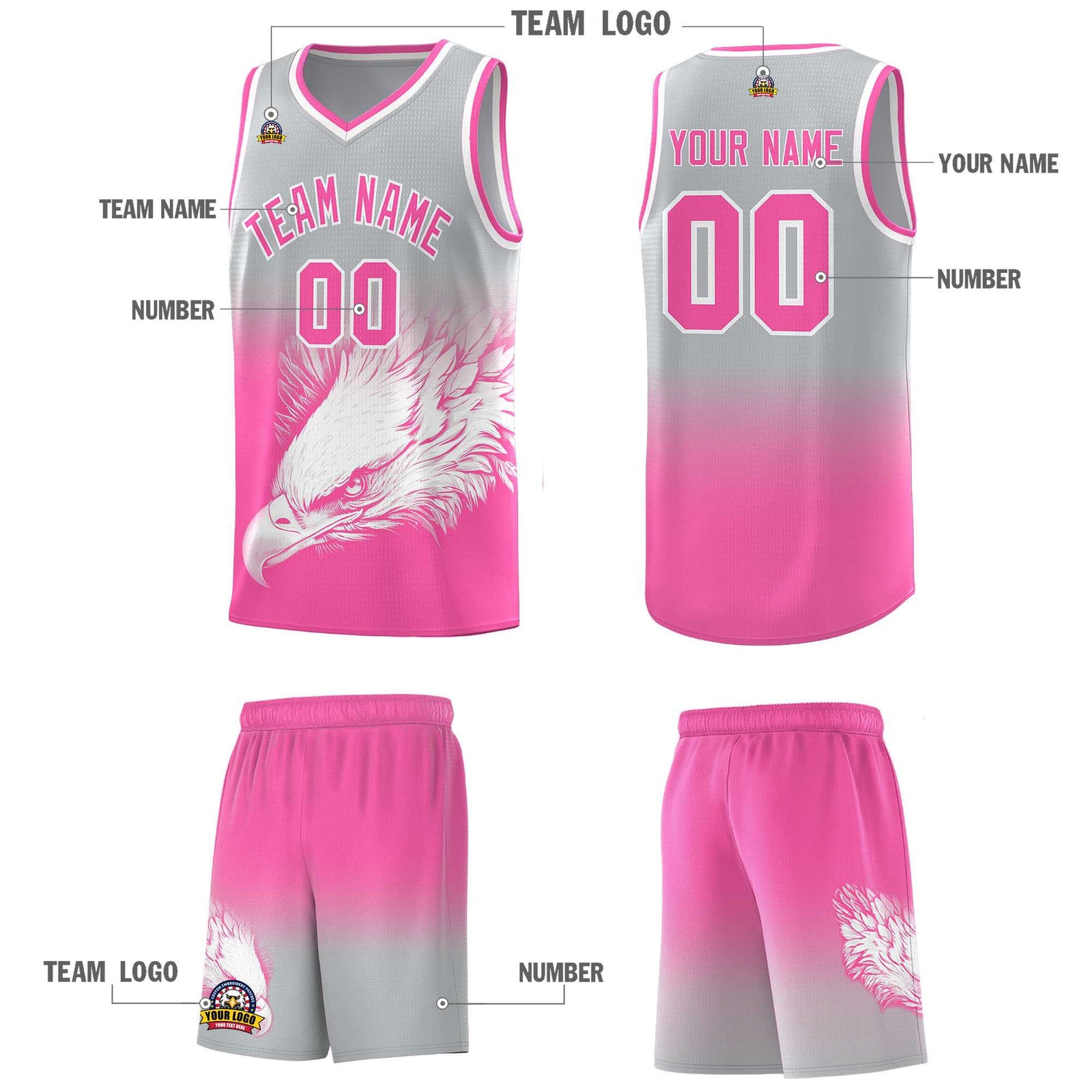 Custom Gray Pink Basketball Kits with Eagle Pattern