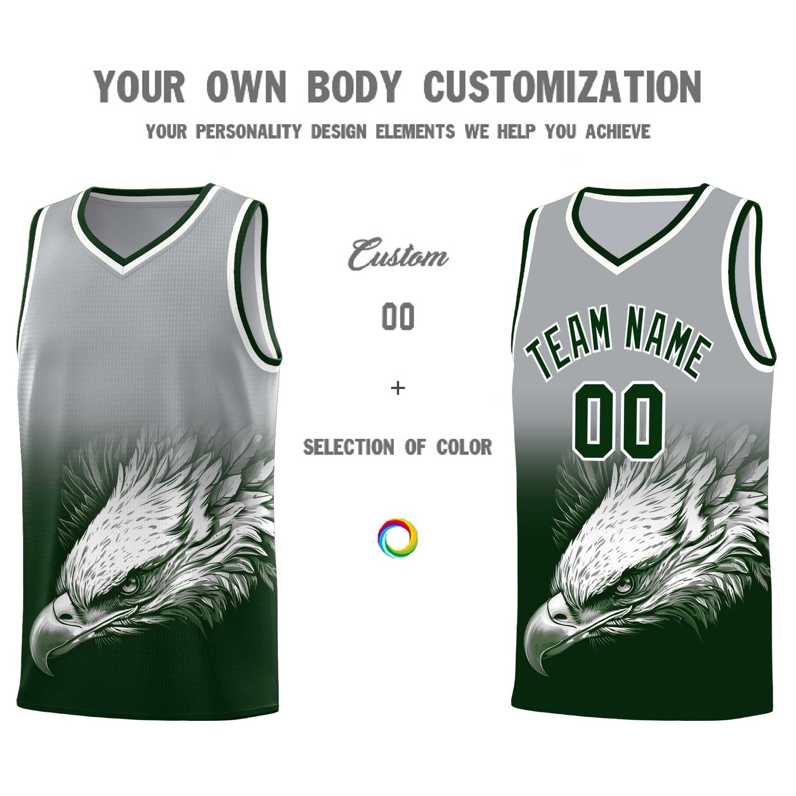 Custom Gray Green Basketball Kits with Eagle Pattern
