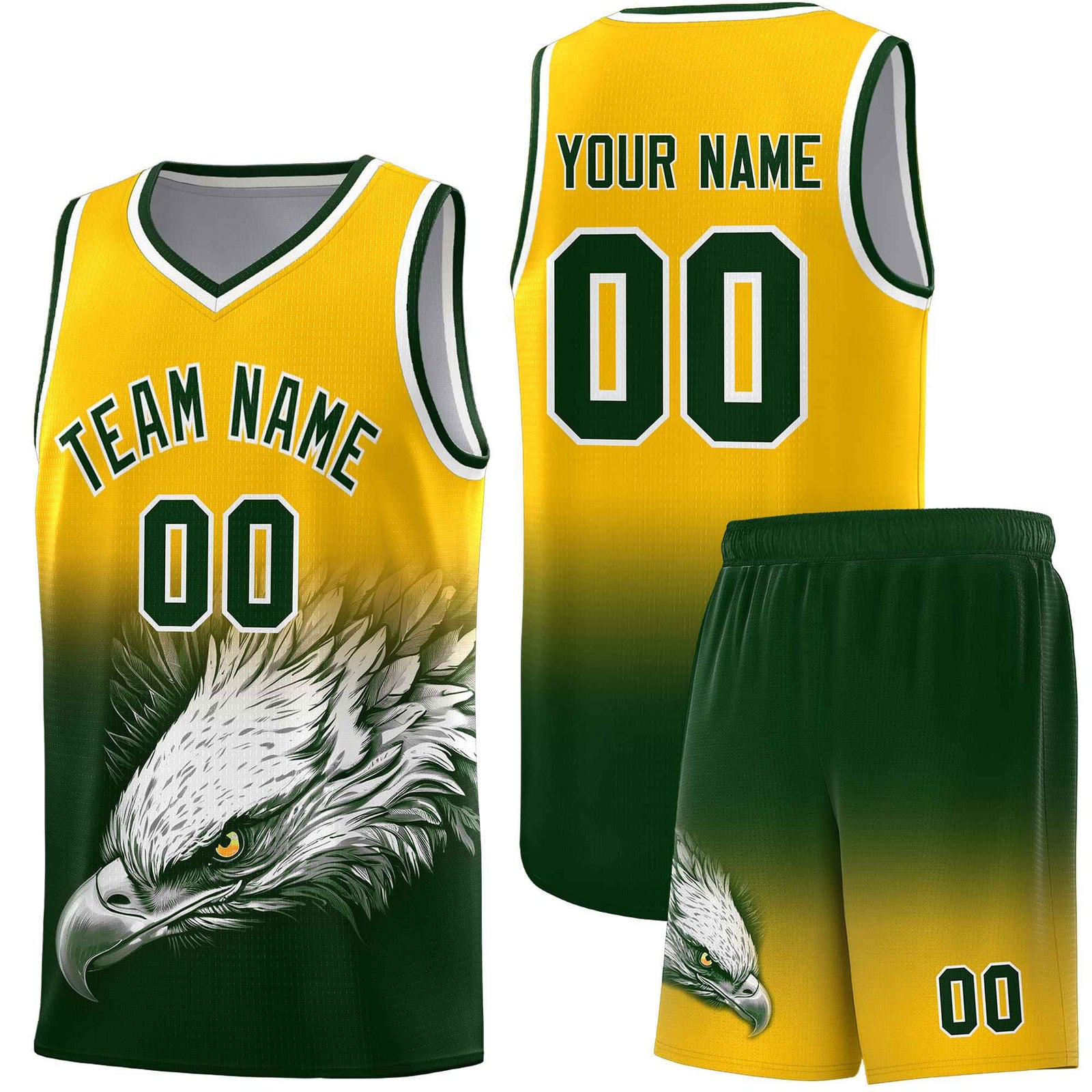 Custom Yellow Green Basketball Kits with Eagle Pattern