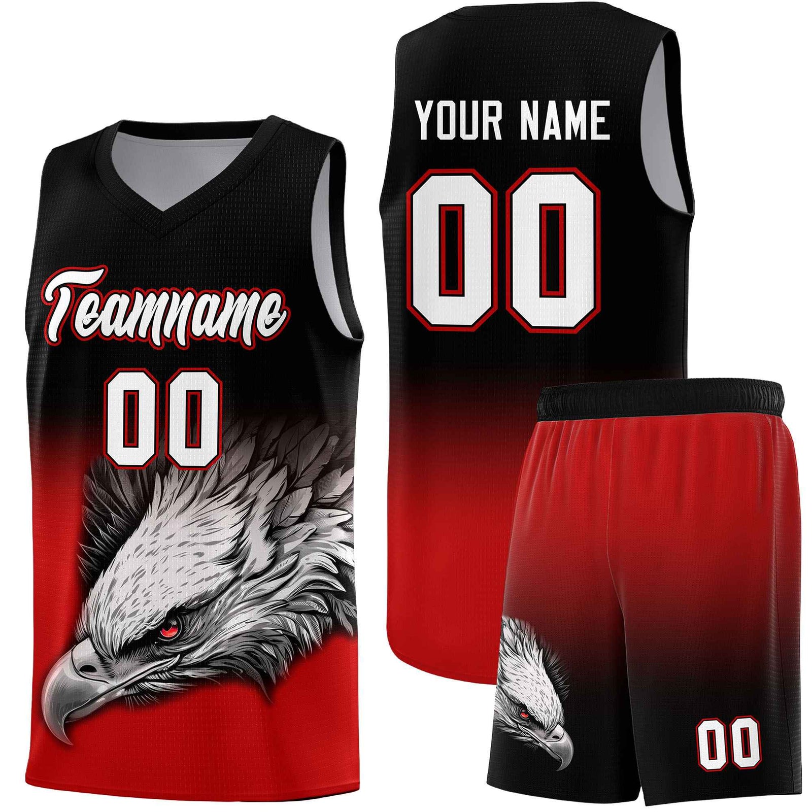 Custom Black Red Basketball Kits with Eagle Pattern