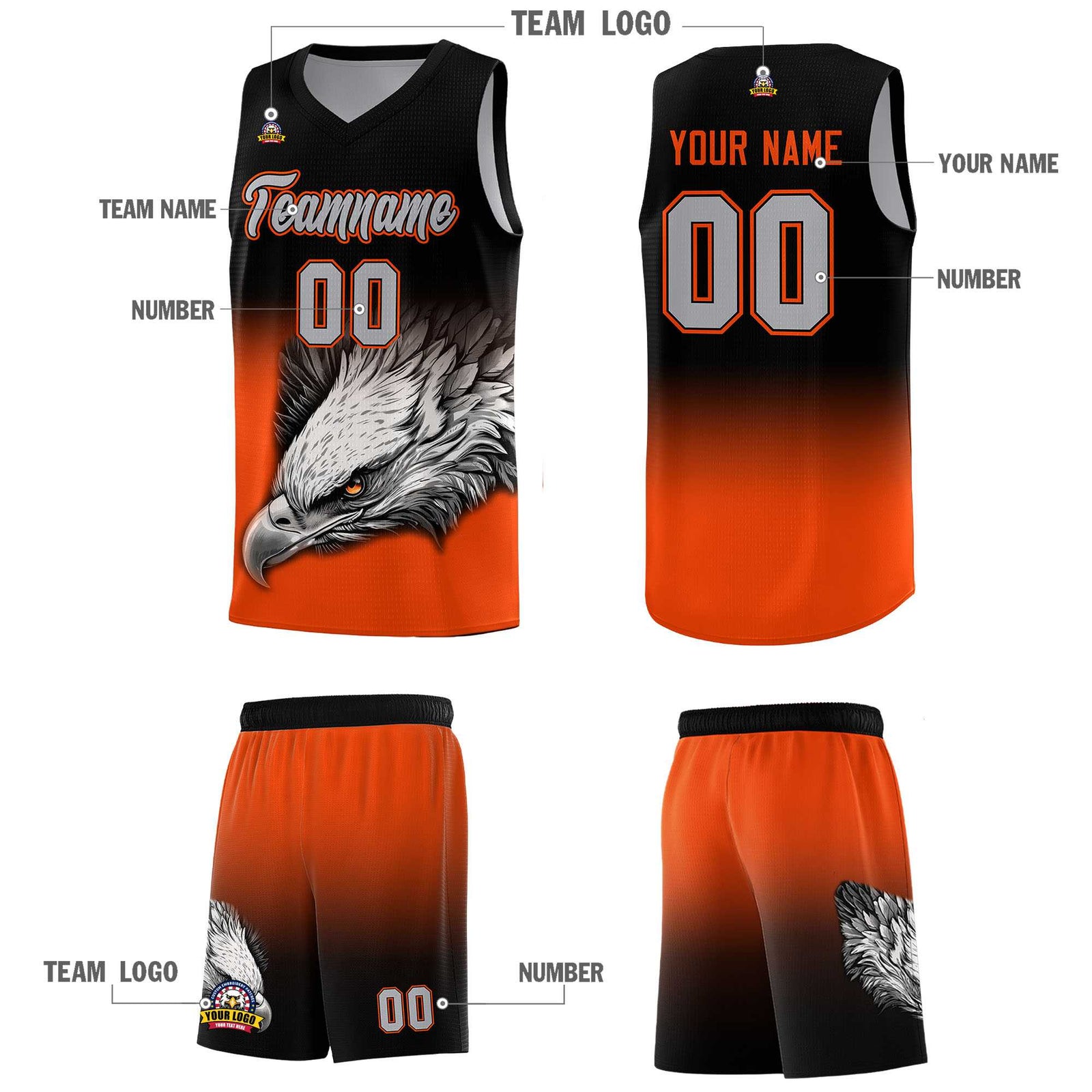 Custom Black Orange Basketball Kits with Eagle Pattern
