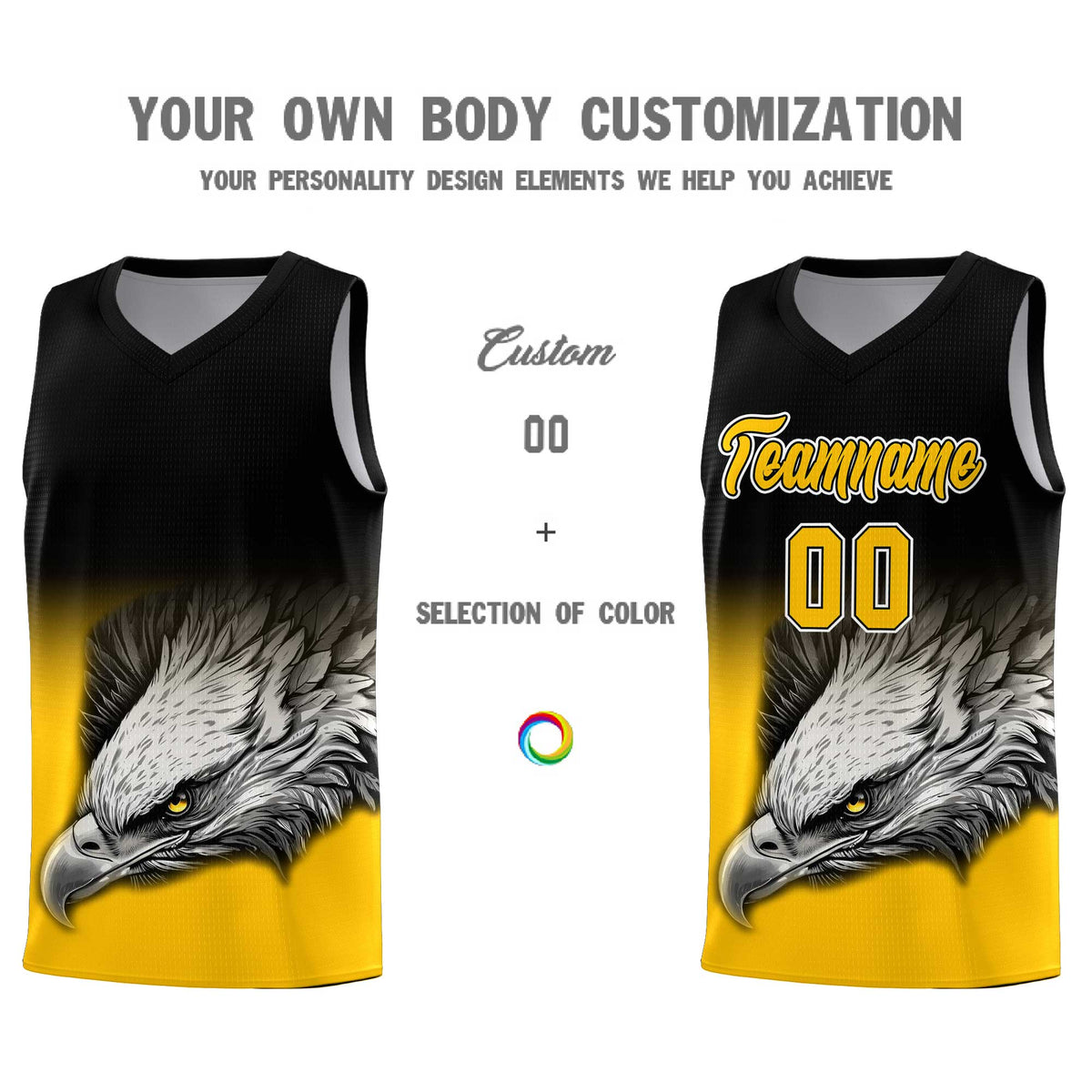 Custom Black Yellow Basketball Kits with Eagle Pattern