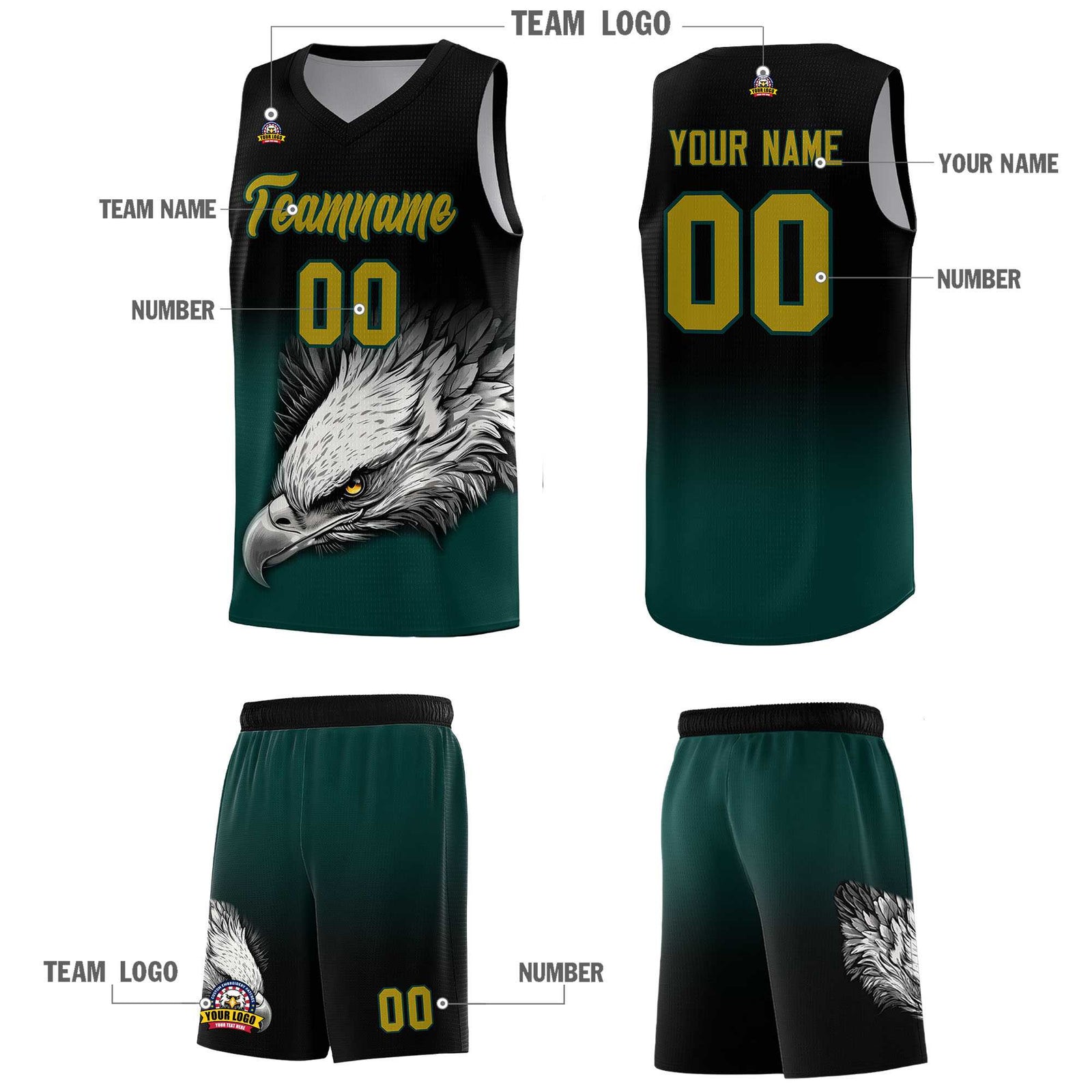 Custom Black Midnight Green Basketball Kits with Eagle Pattern