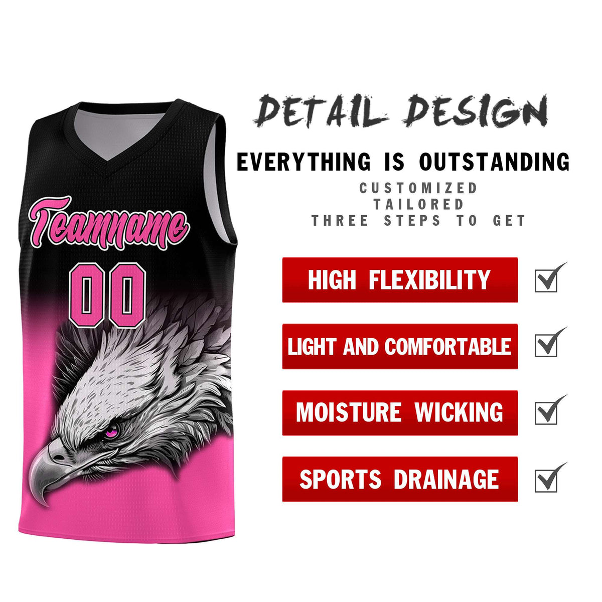 Custom Black Pink Basketball Kits with Eagle Pattern