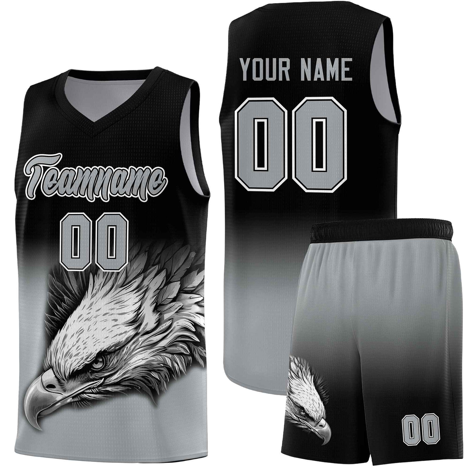 Custom Black Gray Basketball Kits with Eagle Pattern