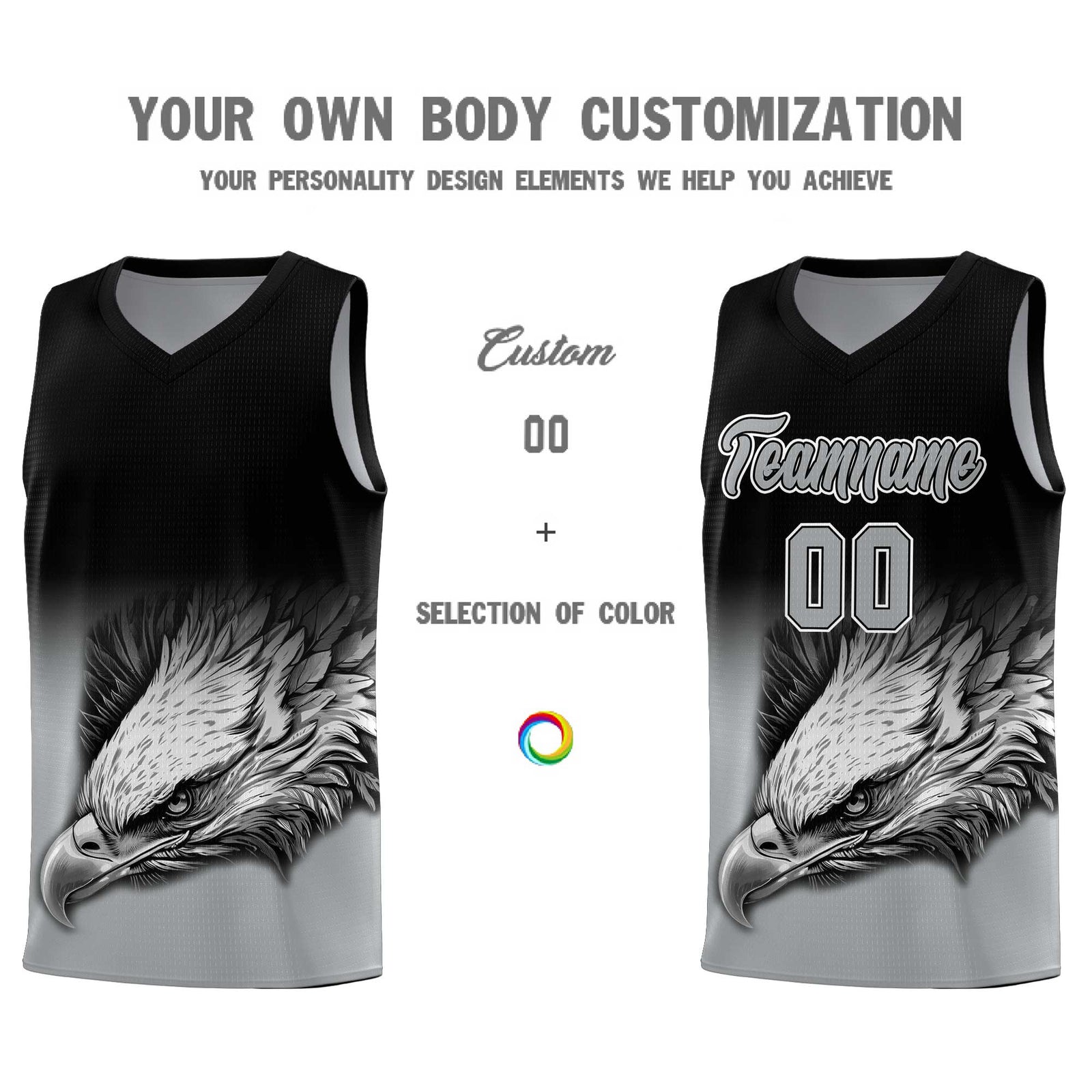 Custom Black Gray Basketball Kits with Eagle Pattern