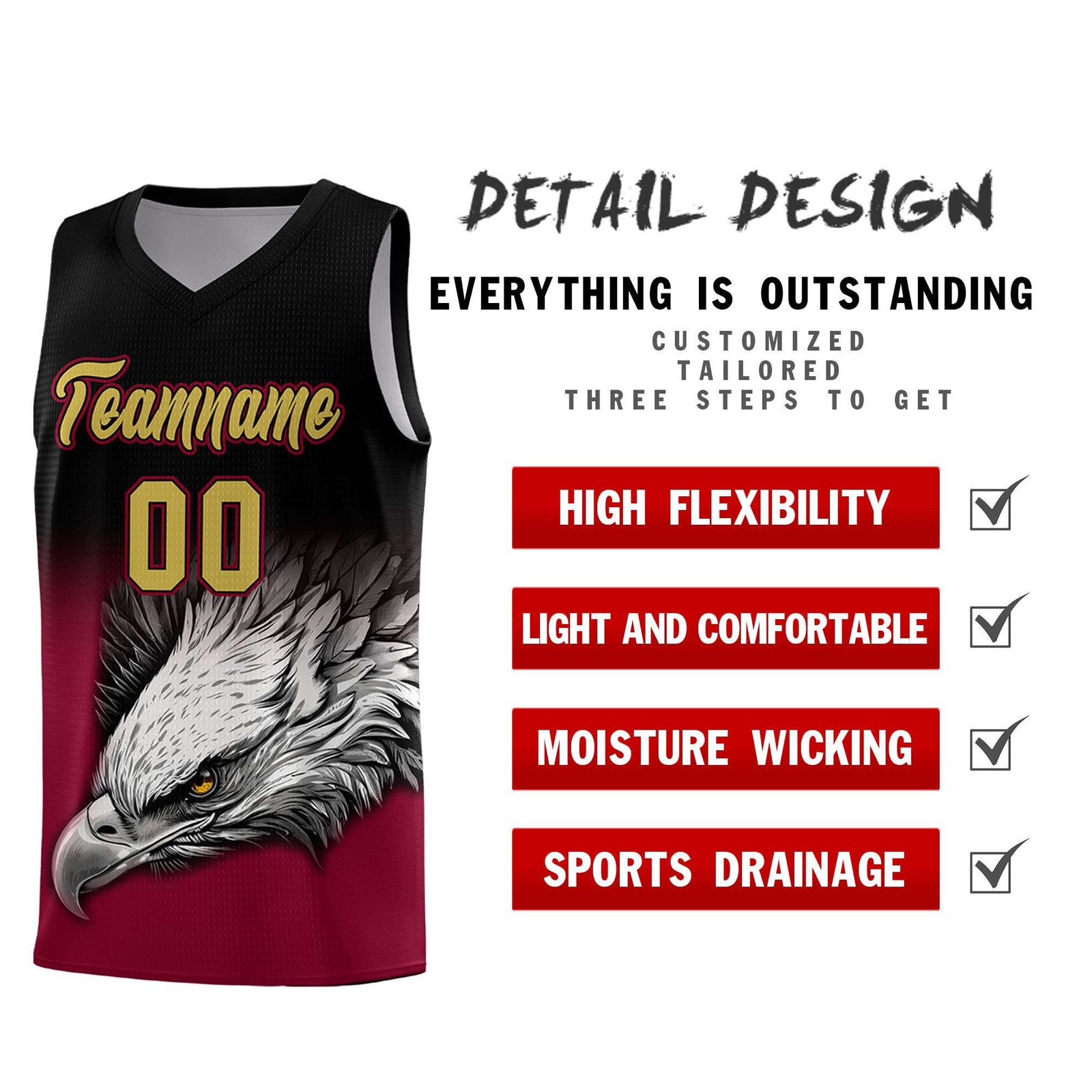 Custom Black Crimson Basketball Kits with Eagle Pattern