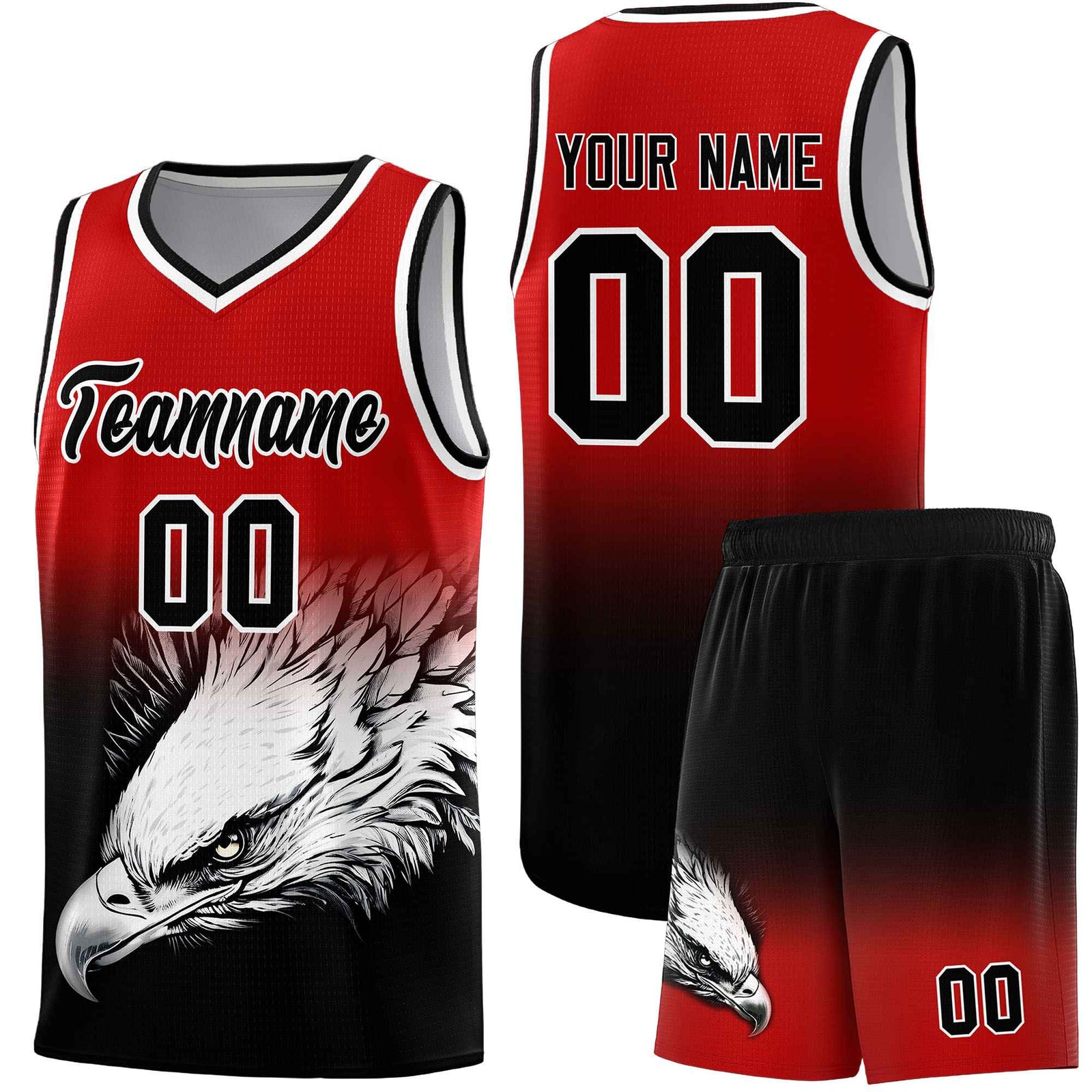 Custom Red Black Basketball Kits with Eagle Pattern
