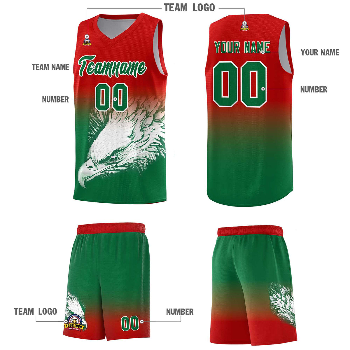 Custom Red Kelly Green Basketball Kits with Eagle Pattern
