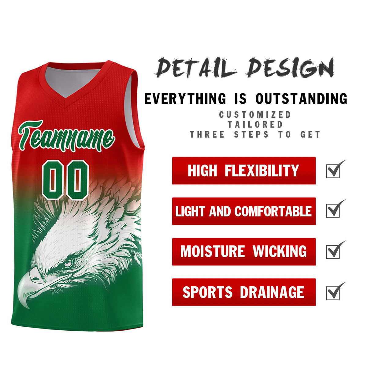 Custom Red Kelly Green Basketball Kits with Eagle Pattern