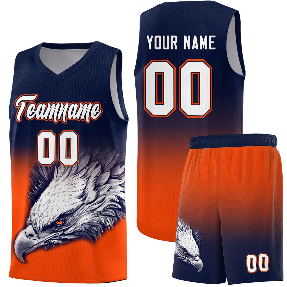 Custom Navy Orange Basketball Kits with Eagle Pattern