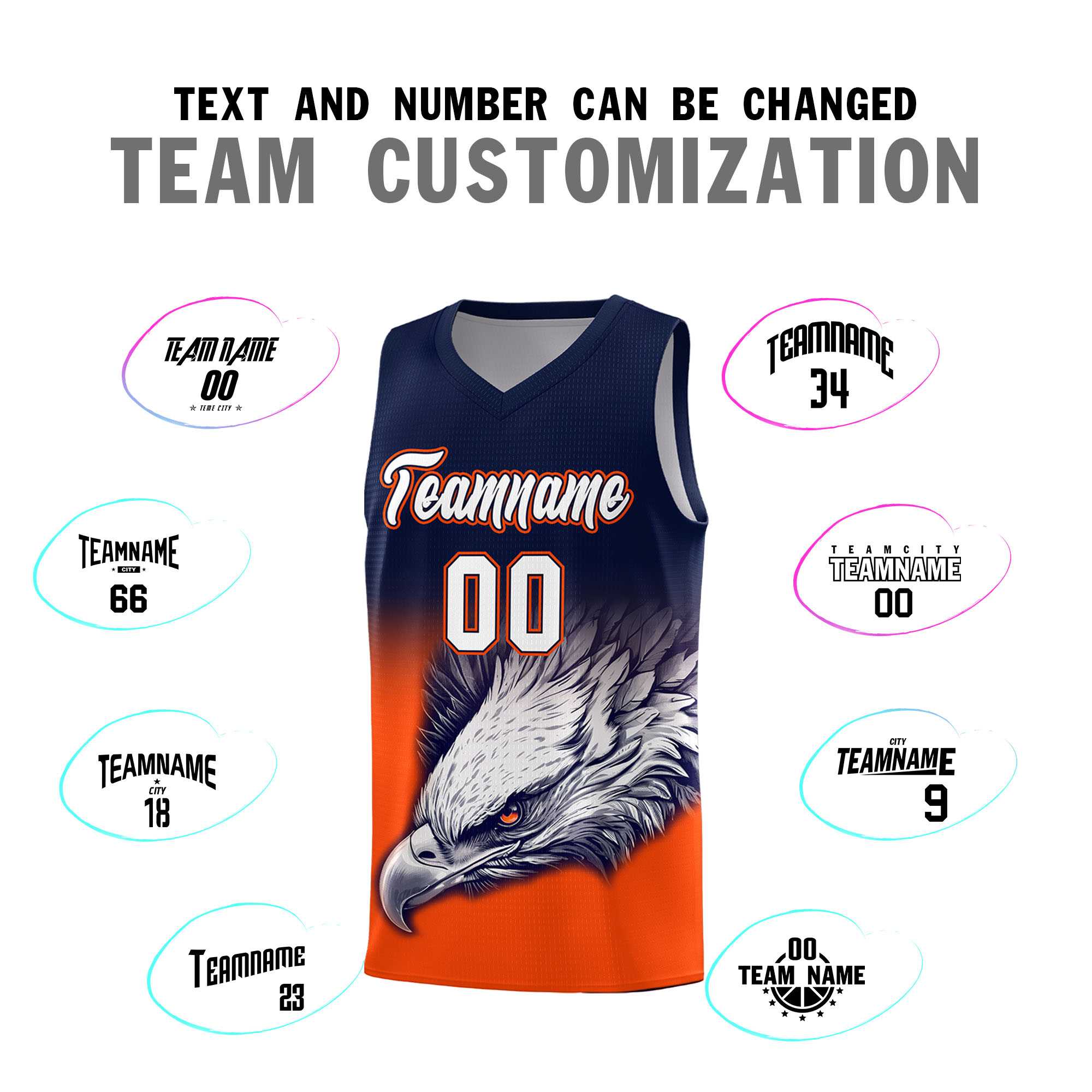 Custom Navy Orange Basketball Kits with Eagle Pattern