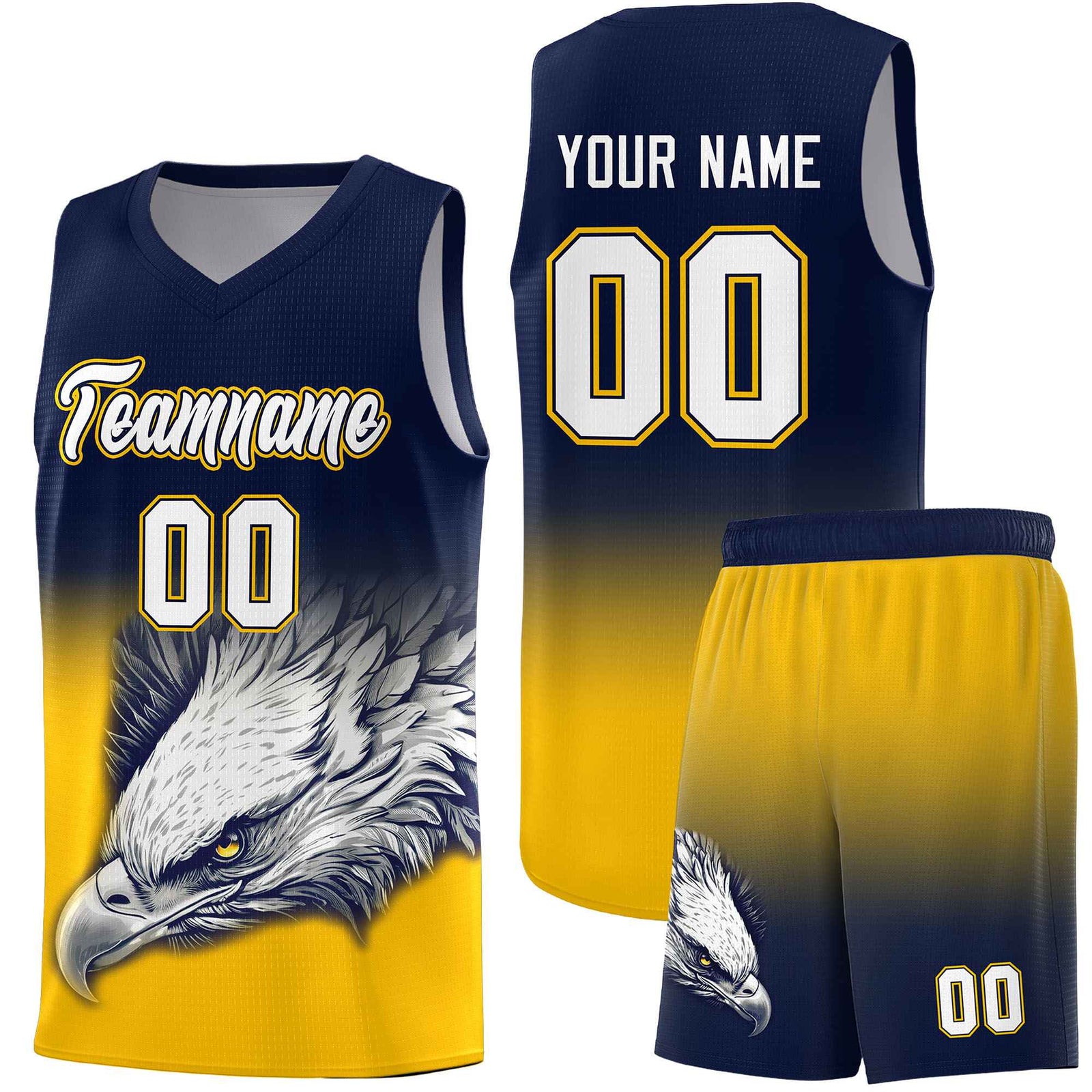 Custom Navy Yellow Basketball Kits with Eagle Pattern