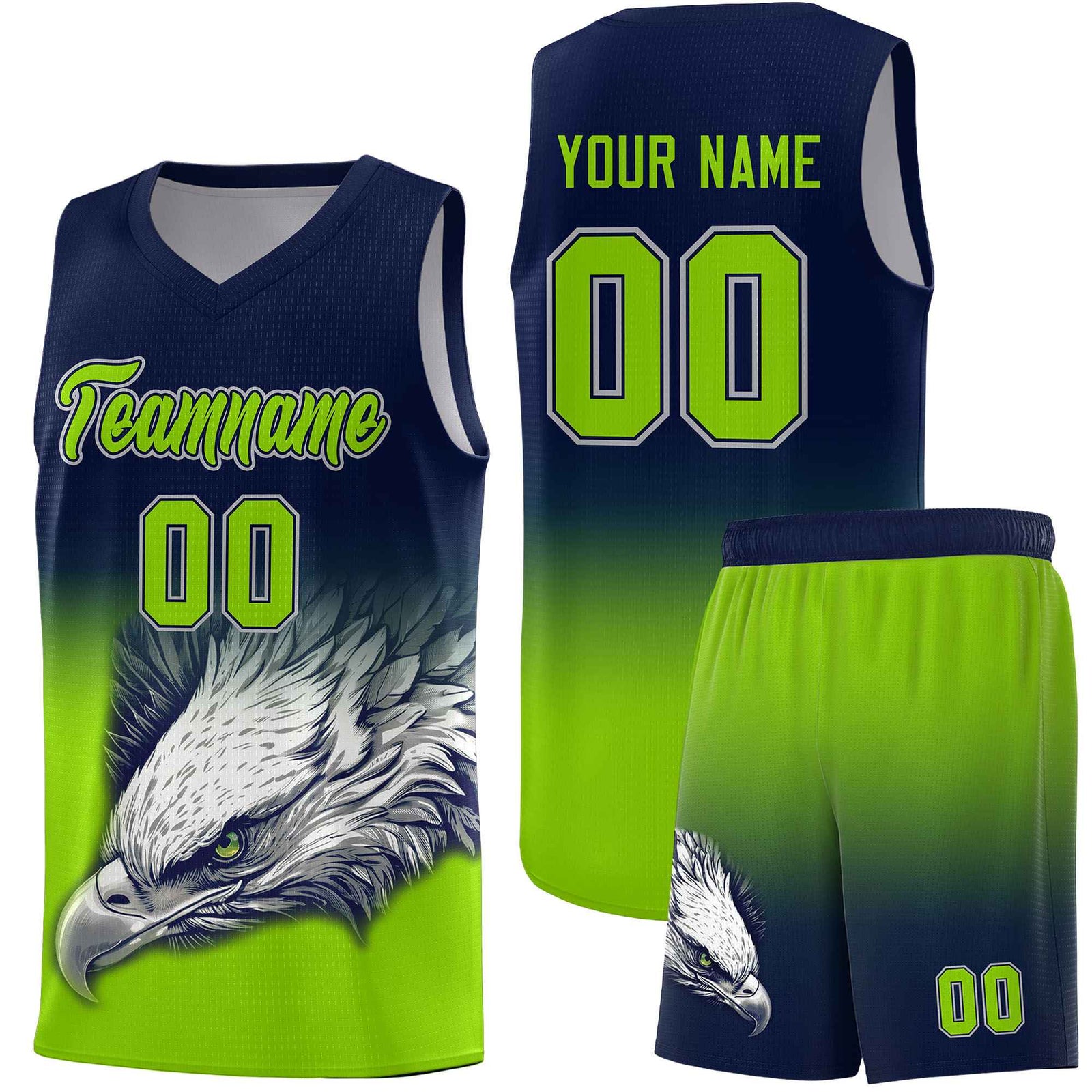 Custom Navy Neon Green Basketball Kits with Eagle Pattern