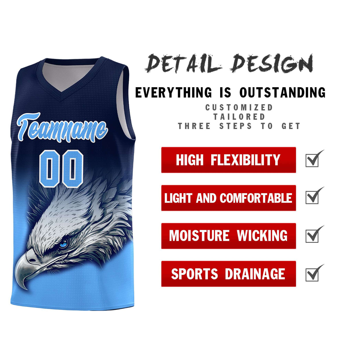 Custom Navy Powder Blue Basketball Kits with Eagle Pattern