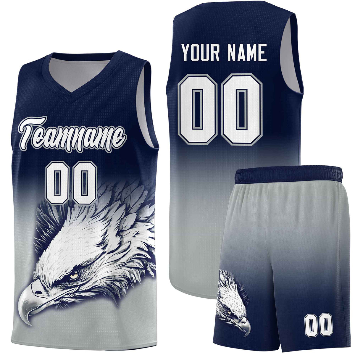 Custom Navy Gray Basketball Kits with Eagle Pattern