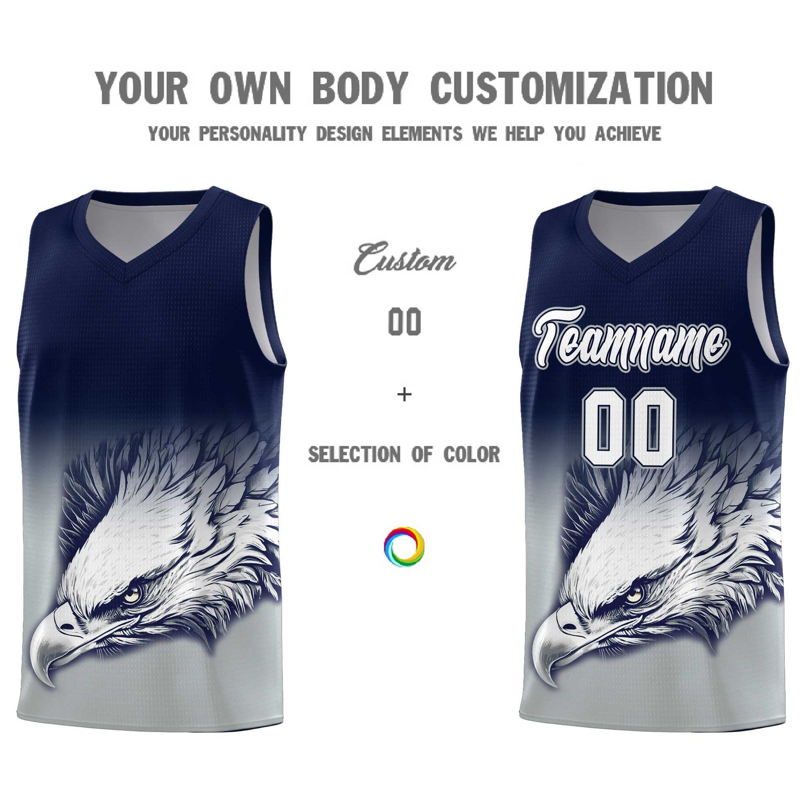 Custom Navy Gray Basketball Kits with Eagle Pattern