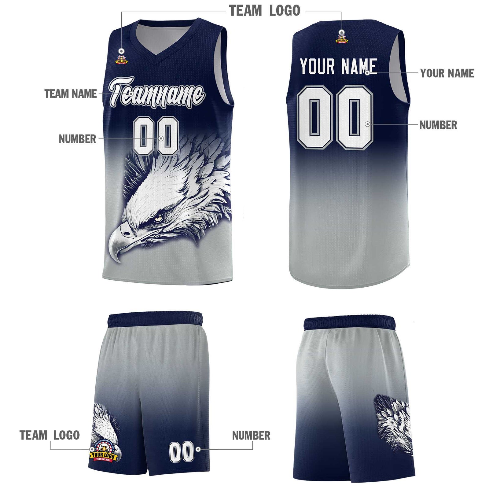 Custom Navy Gray Basketball Kits with Eagle Pattern