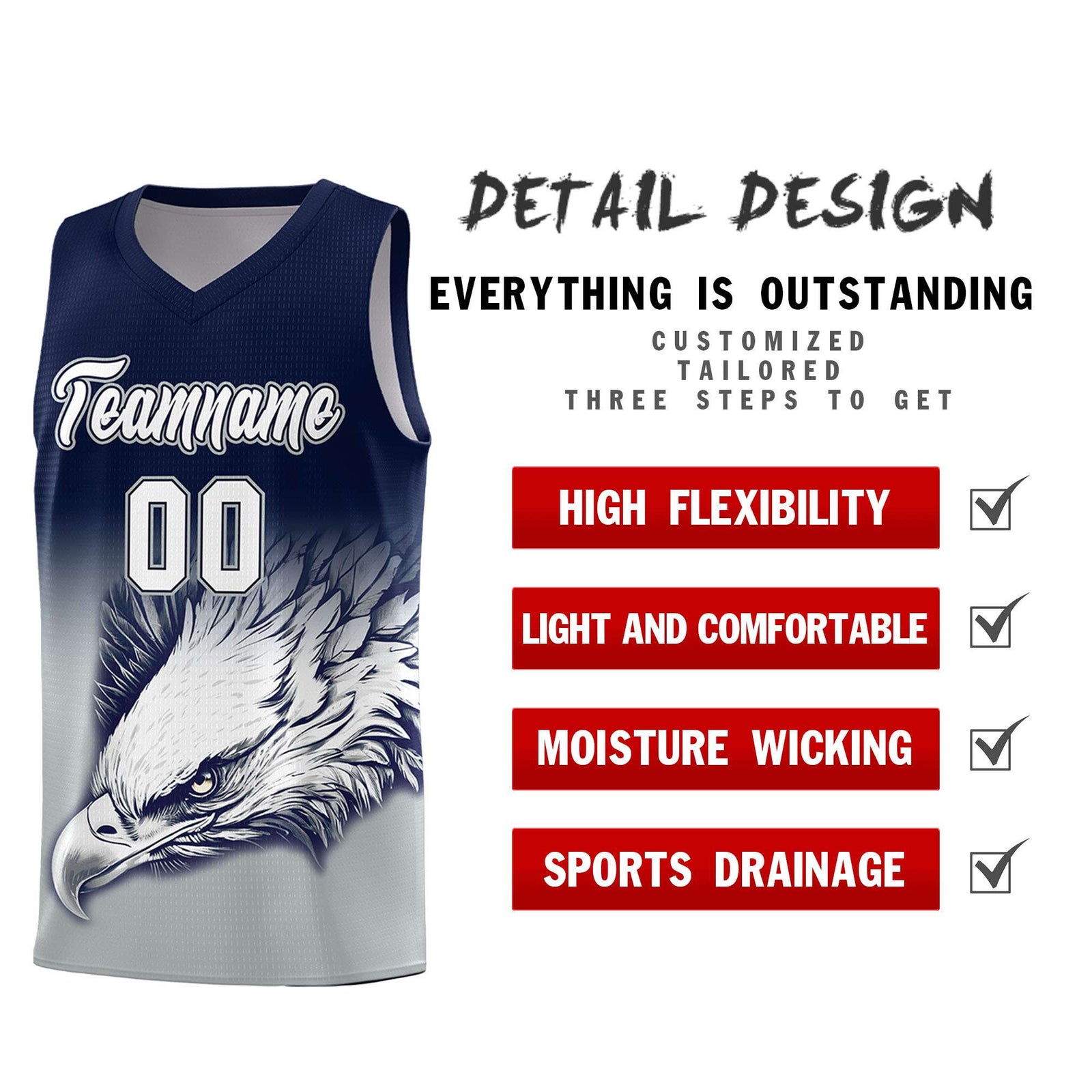 Custom Navy Gray Basketball Kits with Eagle Pattern