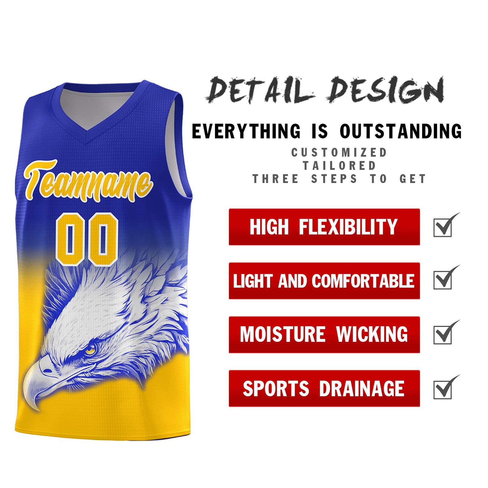Custom Royal Yellow Basketball Kits with Eagle Pattern