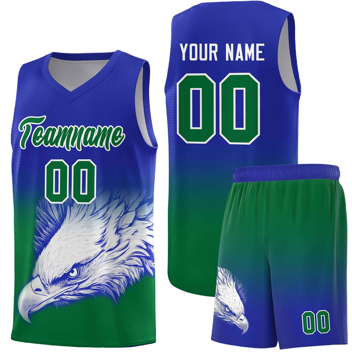 Custom Royal Kelly Green Basketball Kits with Eagle Pattern