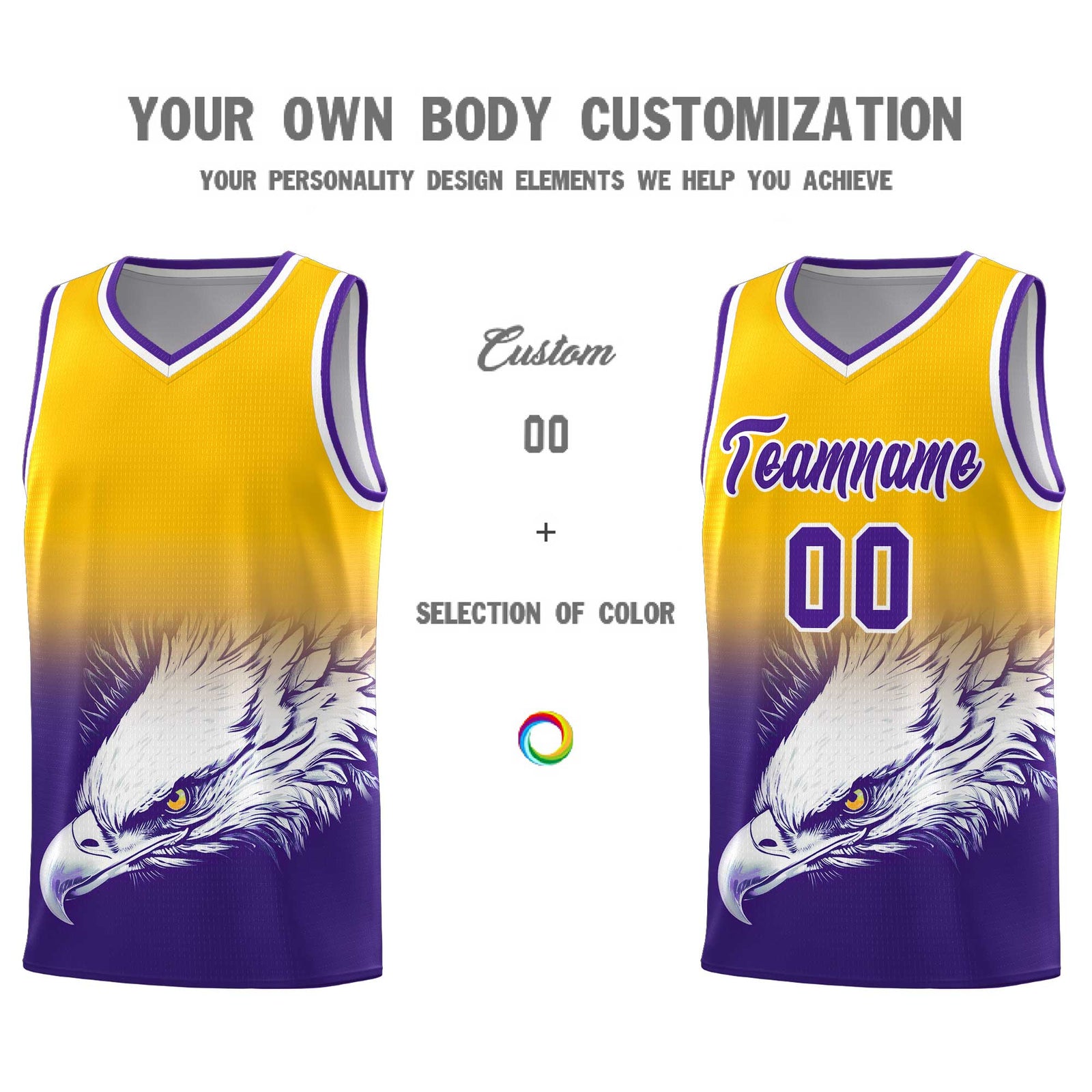 Custom Yellow Purple Basketball Kits with Eagle Pattern