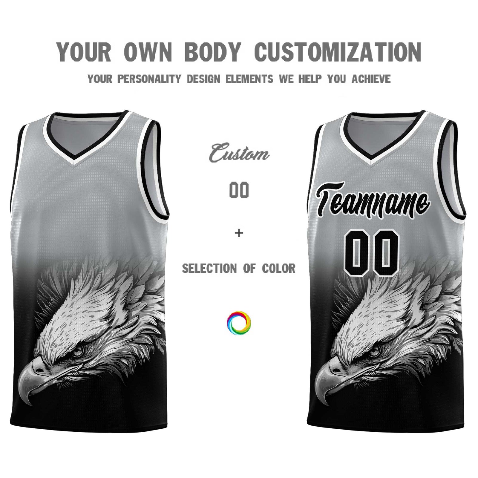 Custom Gray Black Basketball Kits with Eagle Pattern