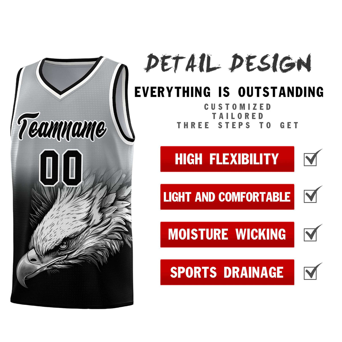 Custom Gray Black Basketball Kits with Eagle Pattern