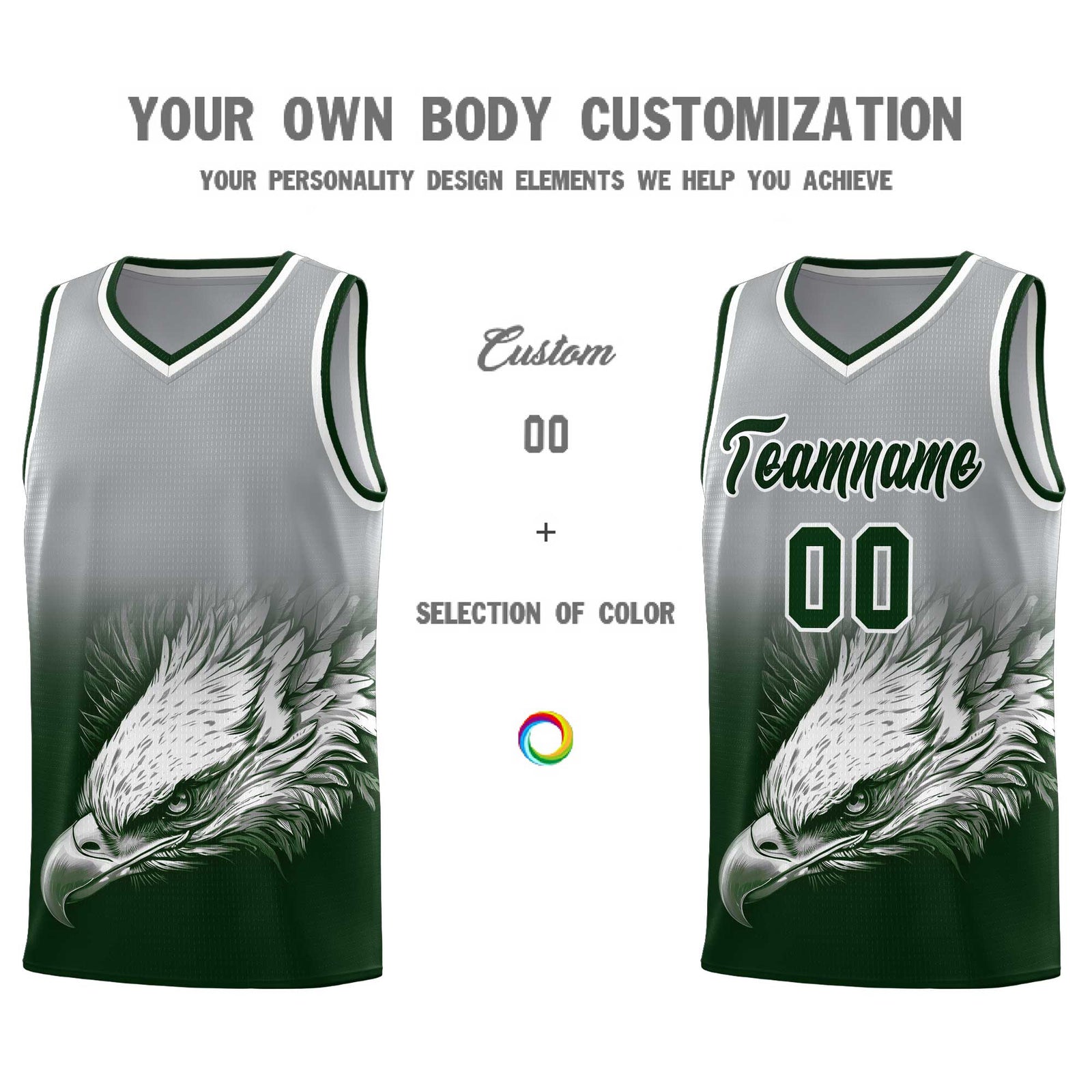 Custom Gray Green Basketball Kits with Eagle Pattern