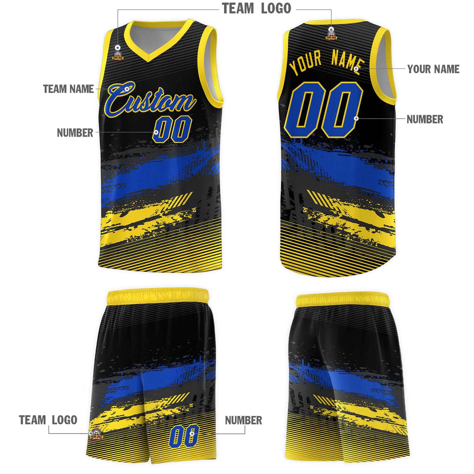Custom Black Royal and Gold Graffiti Pattern Sports Uniform Basketball Jersey
