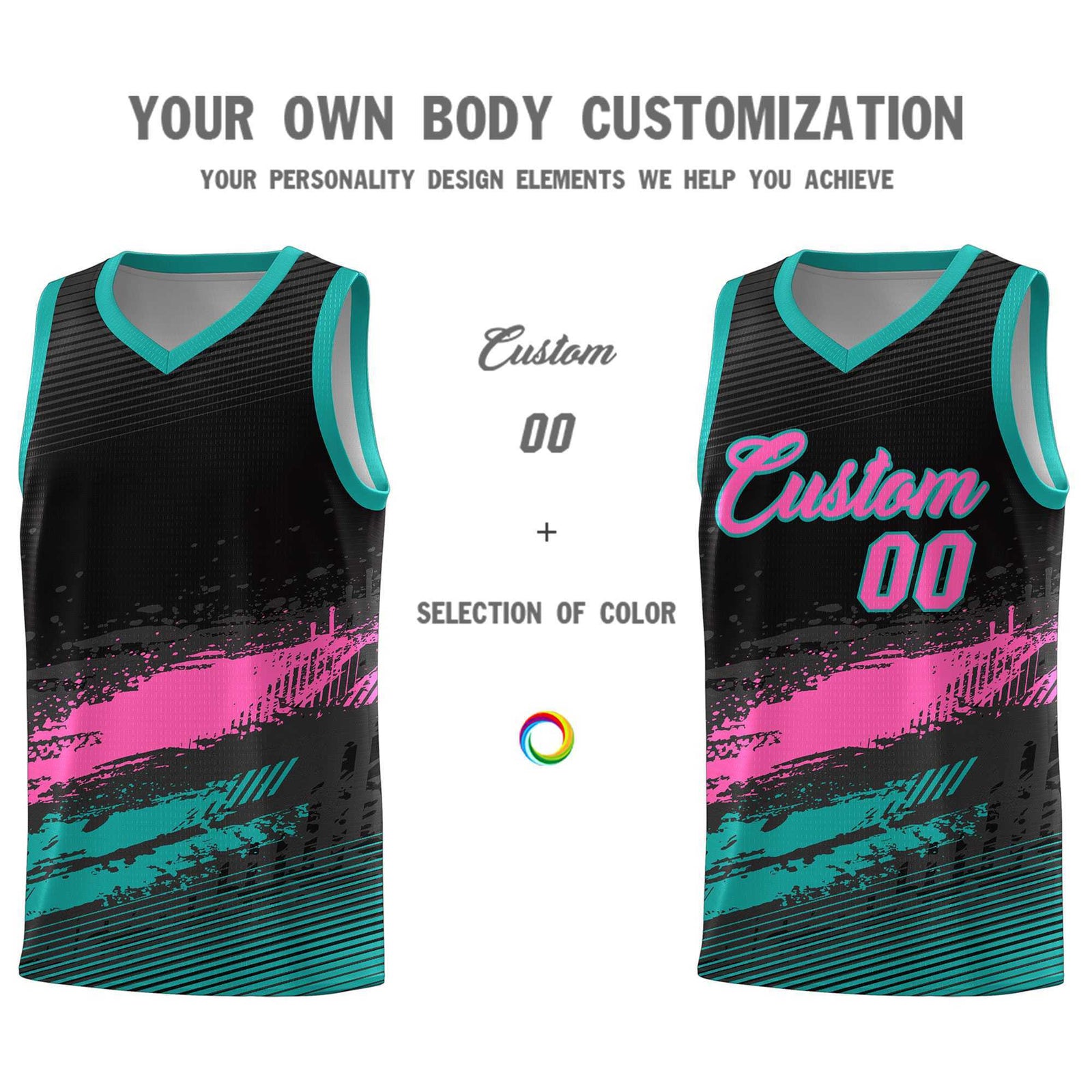 Custom Black Pink and Aqua Graffiti Pattern Sports Uniform Basketball Jersey