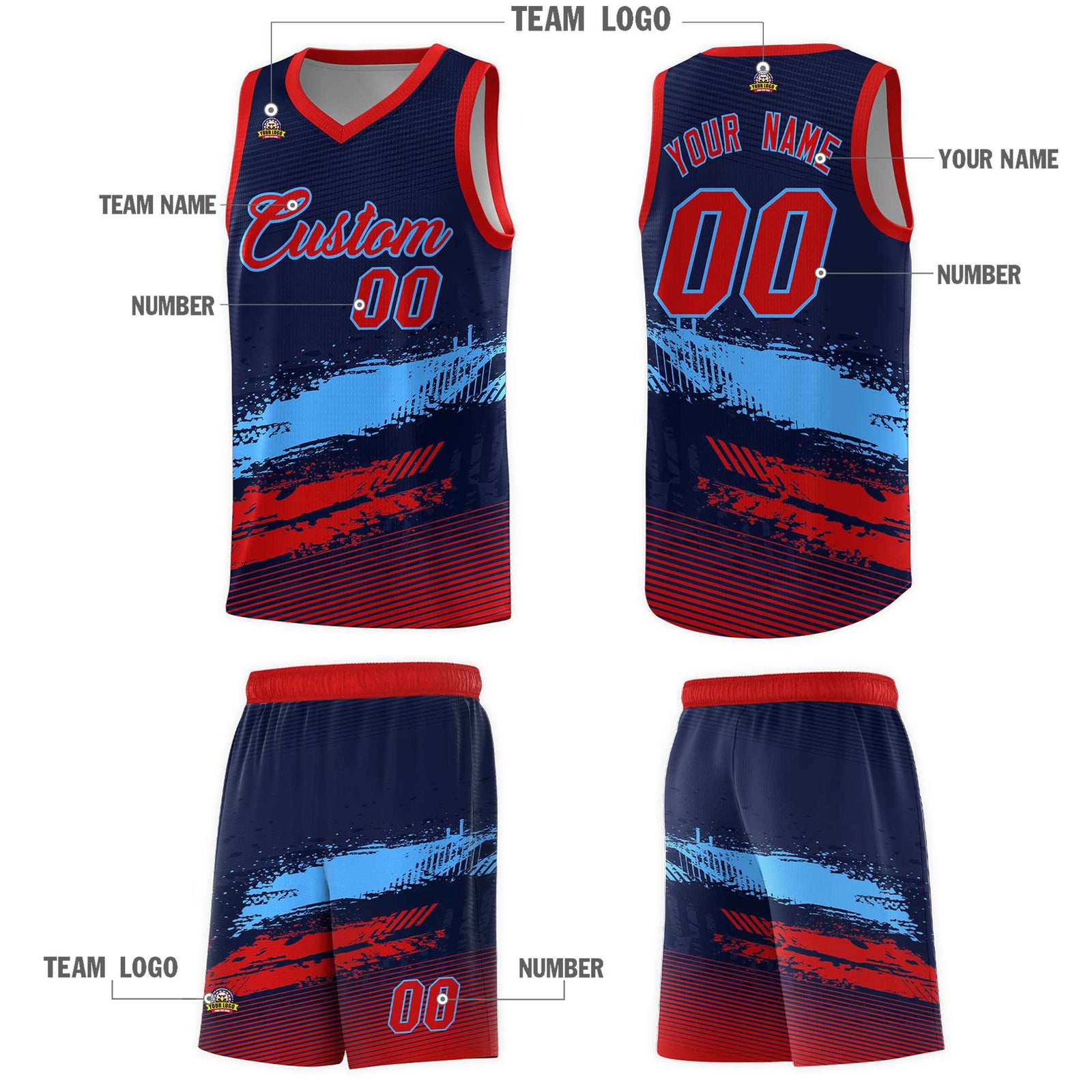 Custom Navy Powder Blue and Red Graffiti Pattern Sports Uniform Basketball Jersey