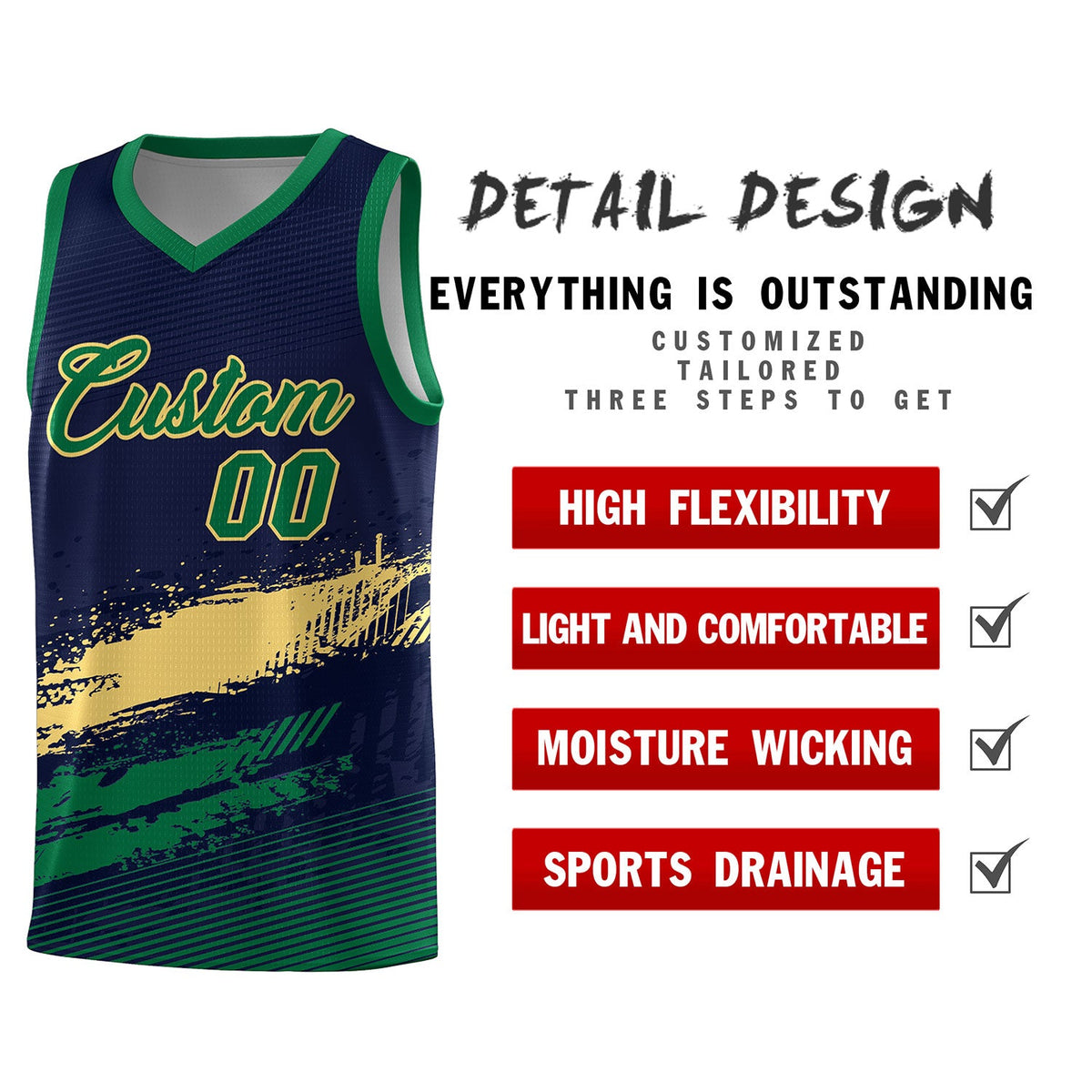 Custom Navy Khaki and Kelly Green Graffiti Pattern Sports Uniform Basketball Jersey