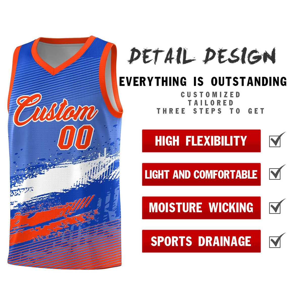 Custom Royal White and Orange Graffiti Pattern Sports Uniform Basketball Jersey