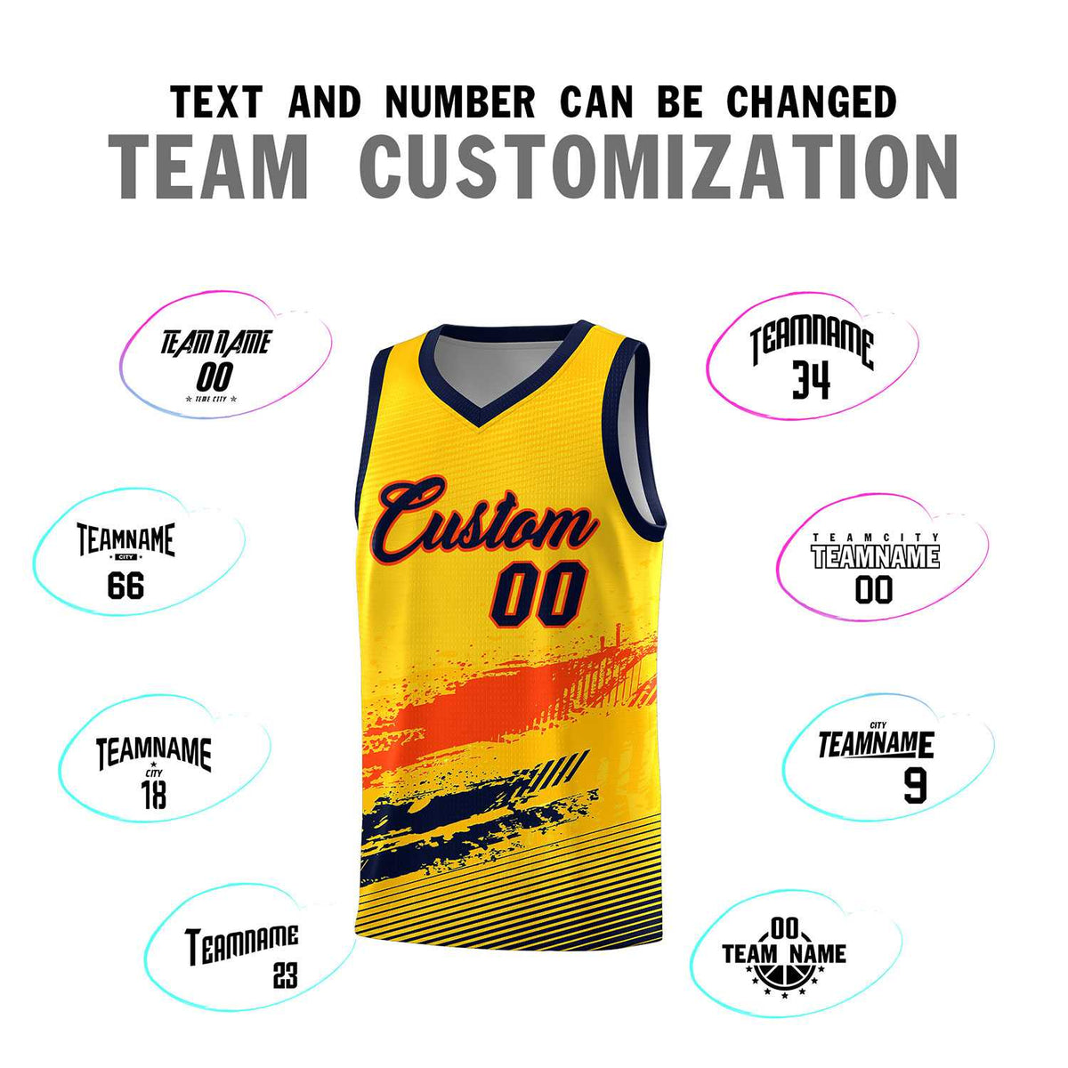 Custom Yellow Orange and Navy Graffiti Pattern Sports Uniform Basketball Jersey