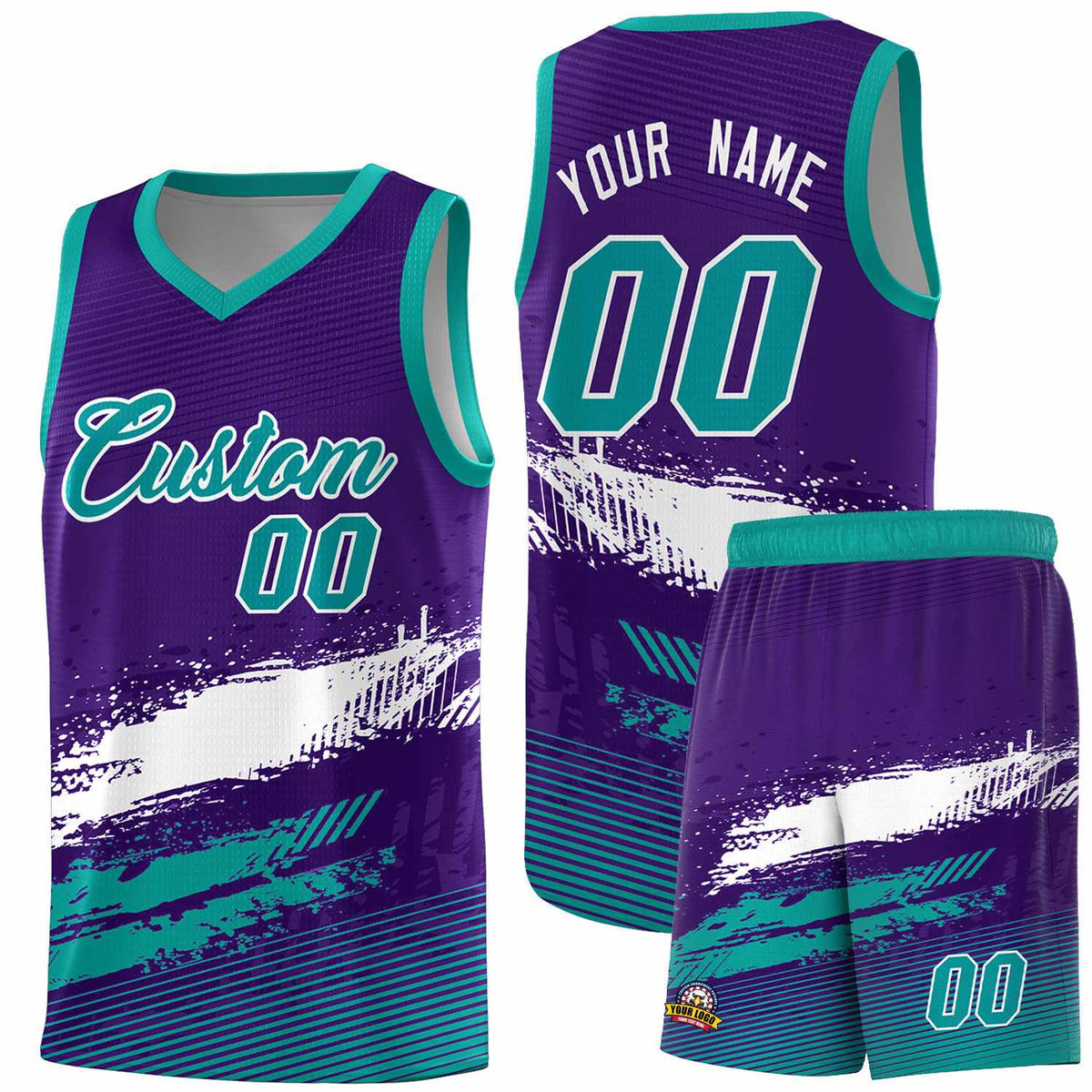Custom Purple White and Aqua Graffiti Pattern Sports Uniform Basketball Jersey