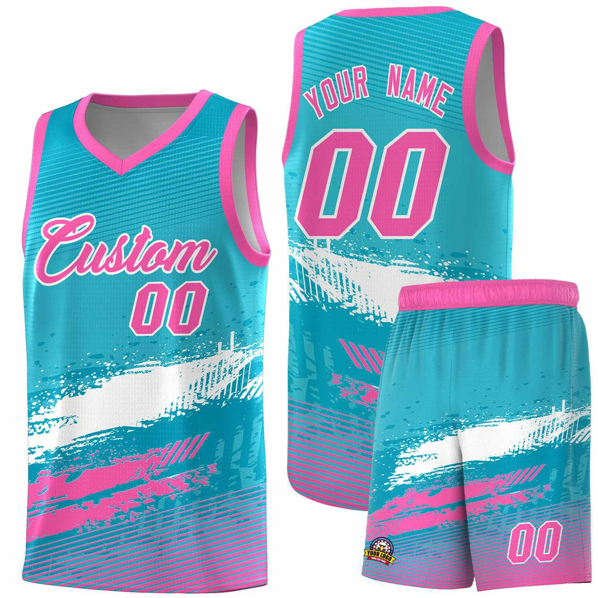 Custom Sky Blue White and Pink Graffiti Pattern Sports Uniform Basketball Jersey